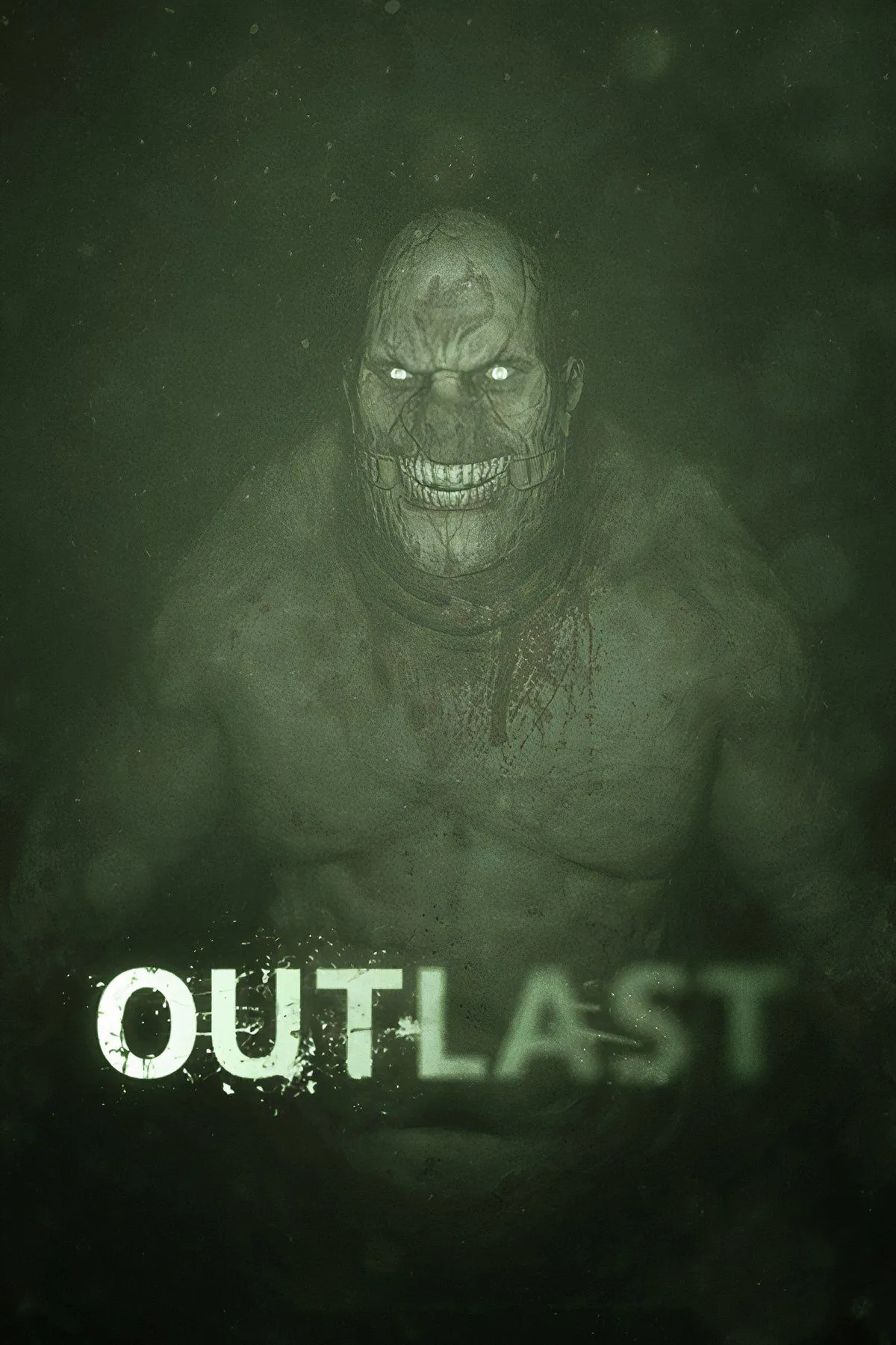 Cảnh trong game Outlast mô tả góc nhìn thứ nhất qua camera hồng ngoại, nhân vật đang trốn tránh hoặc đối mặt với một kẻ thù đáng sợ trong bệnh viện tâm thần Mount Massive.