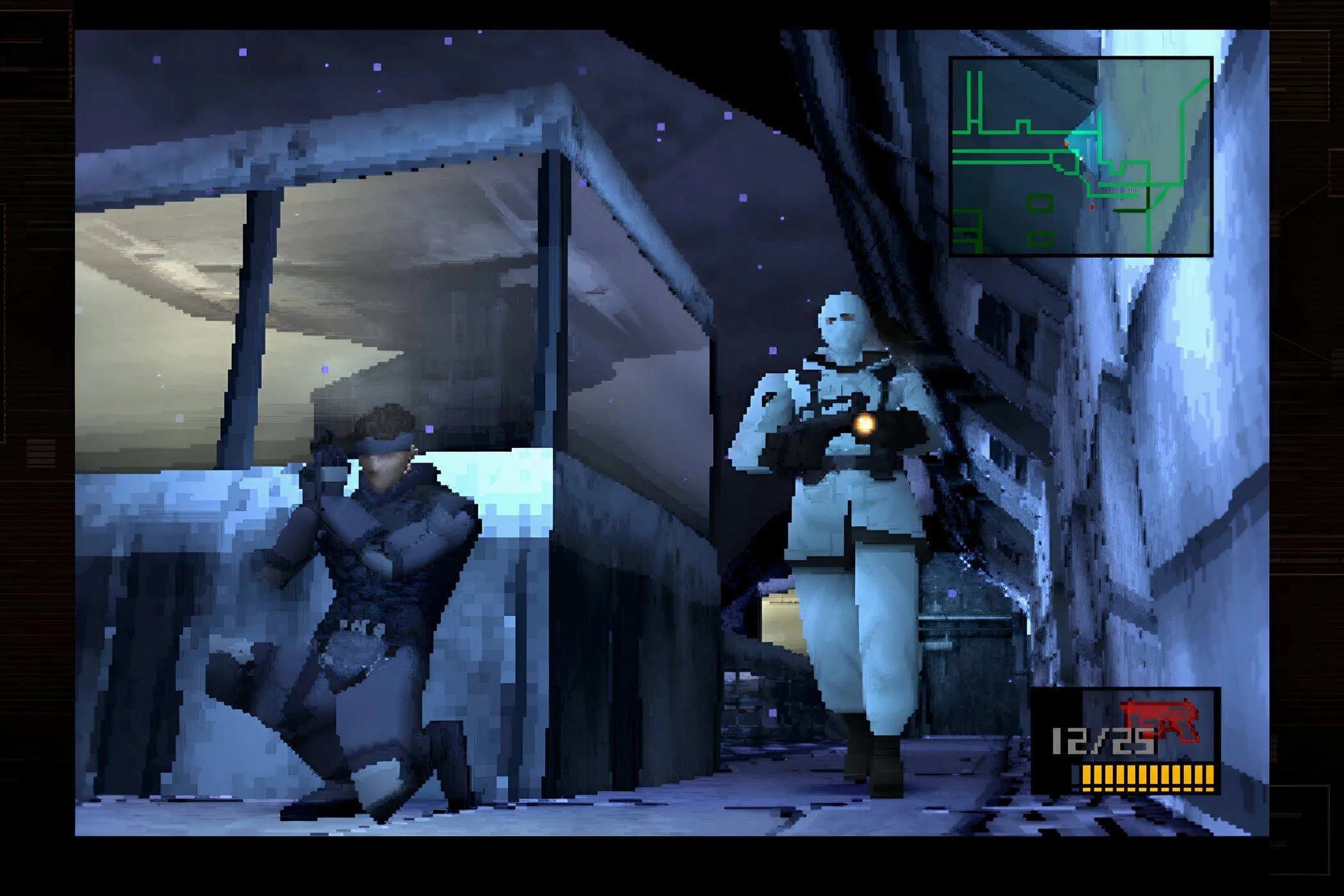 Cảnh tuần tra của lính trong game Metal Gear Solid (1998) - tựa game đột phá của Hideo Kojima trên PlayStation.