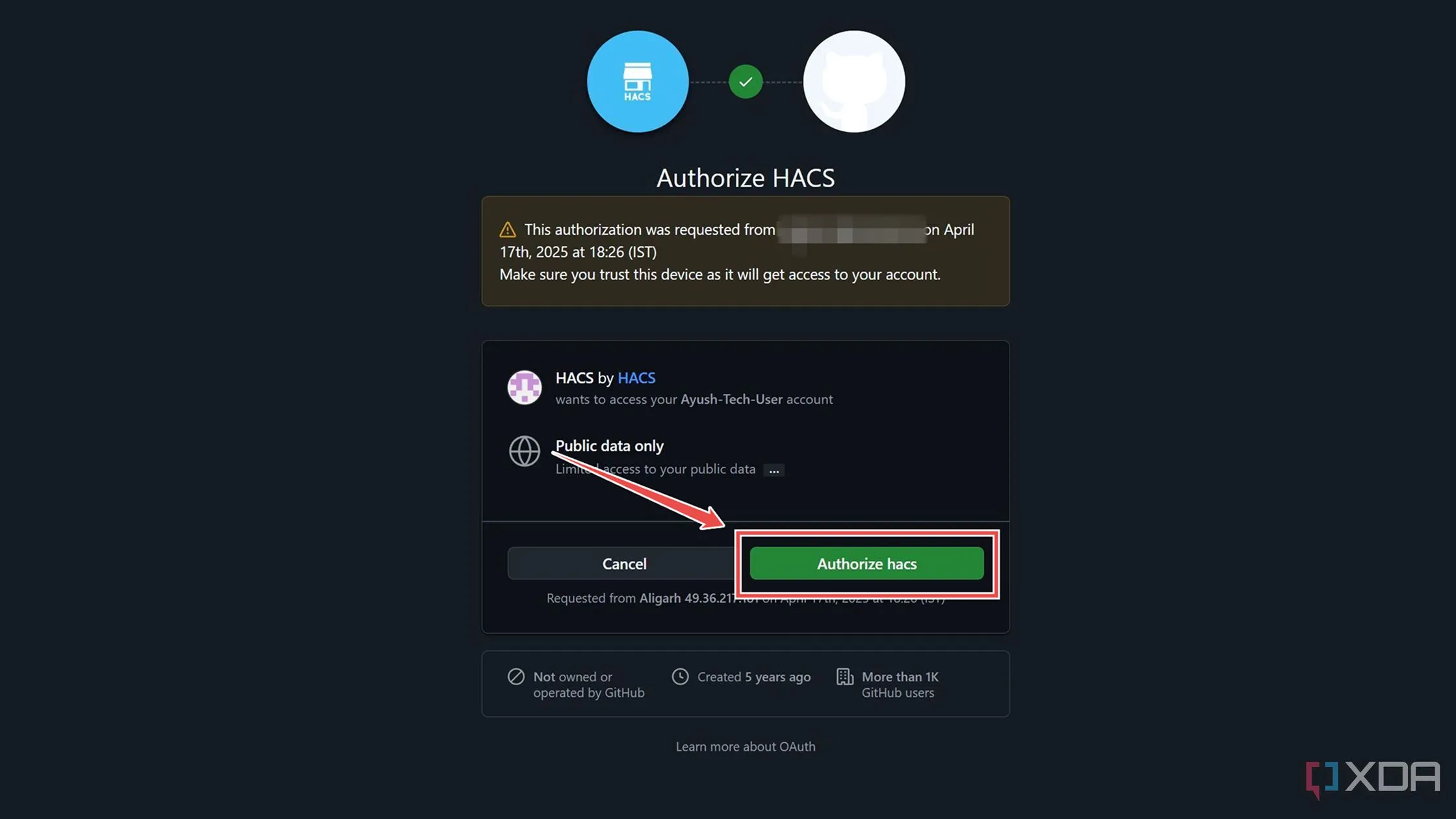 Cấp quyền cho HACS bằng cách liên kết với tài khoản GitHub, hiển thị mã ủy quyền