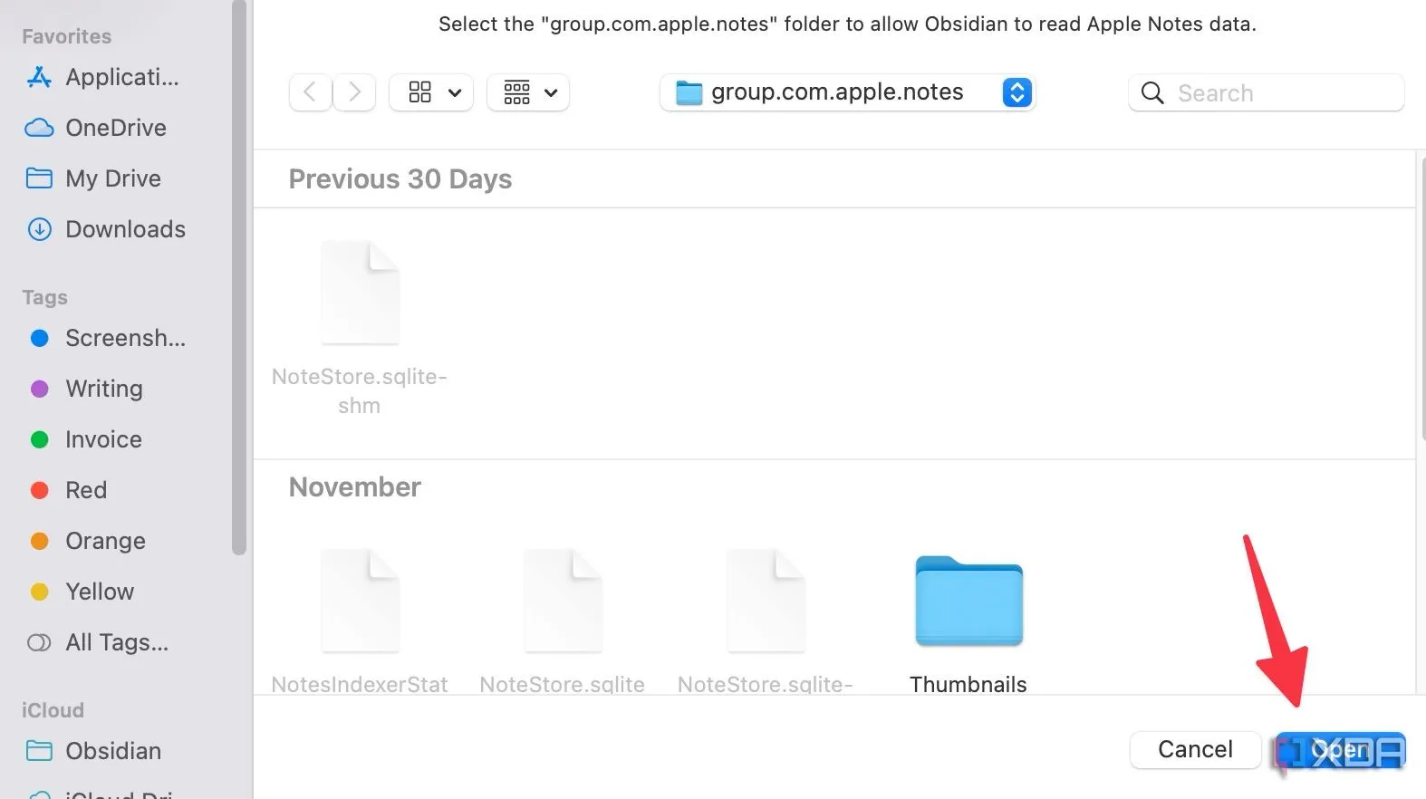 Cấp quyền đọc tệp Apple Notes
