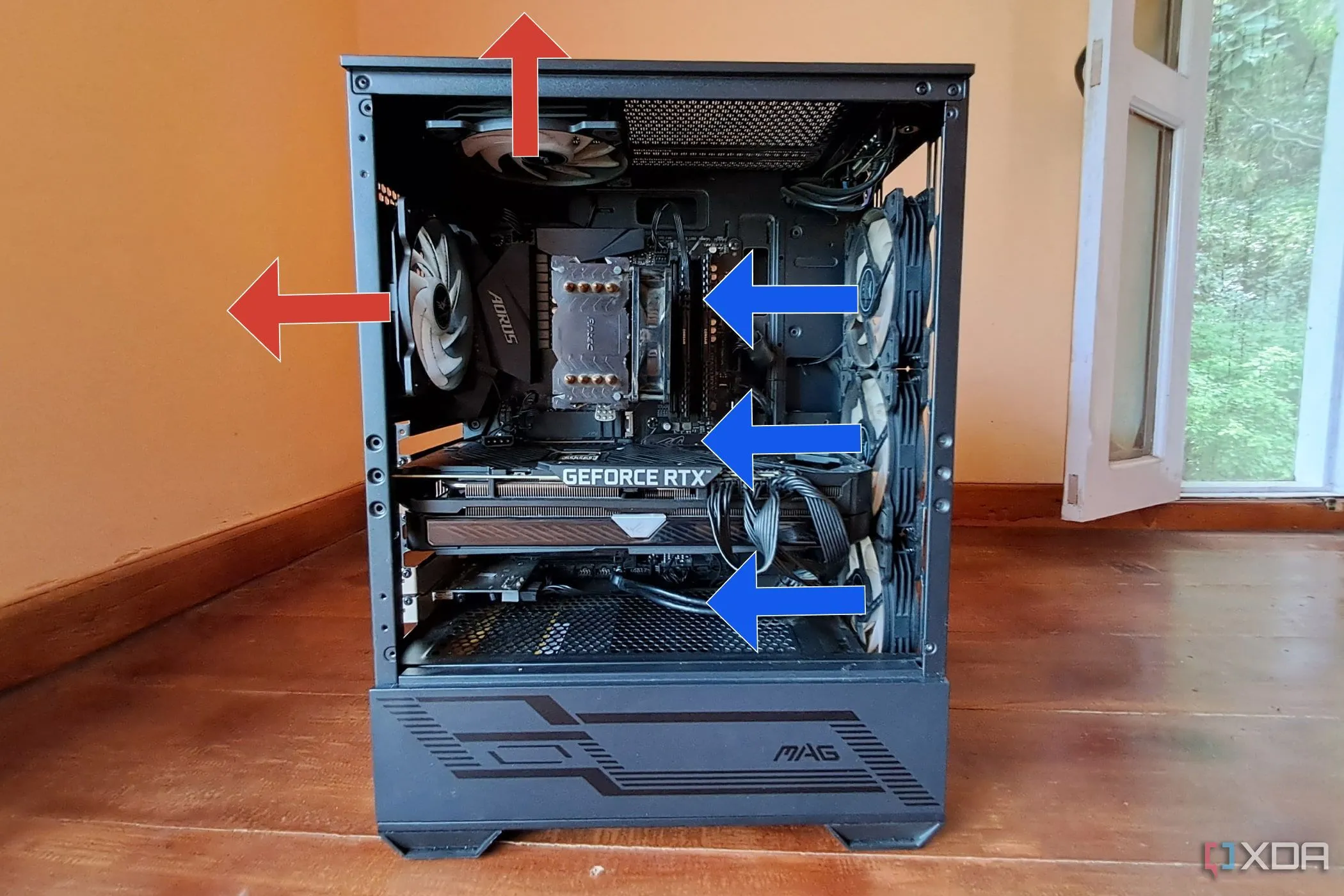 Case MSI MAG Forge 110R với cấu hình luồng khí áp suất dương: 3 quạt hút và 2 quạt đẩy