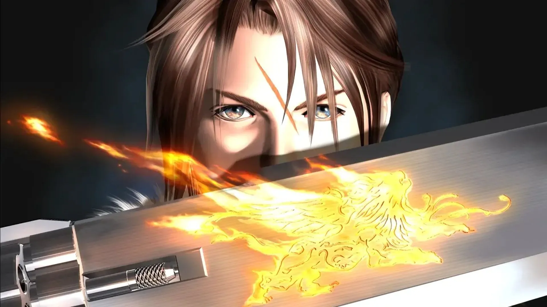 Chân dung cận cảnh Squall Leonhart, nhân vật chính của Final Fantasy VIII, với khẩu Gunblade biểu tượng và vẻ mặt lạnh lùng, đại diện cho phong cách đồ họa 3D của game.