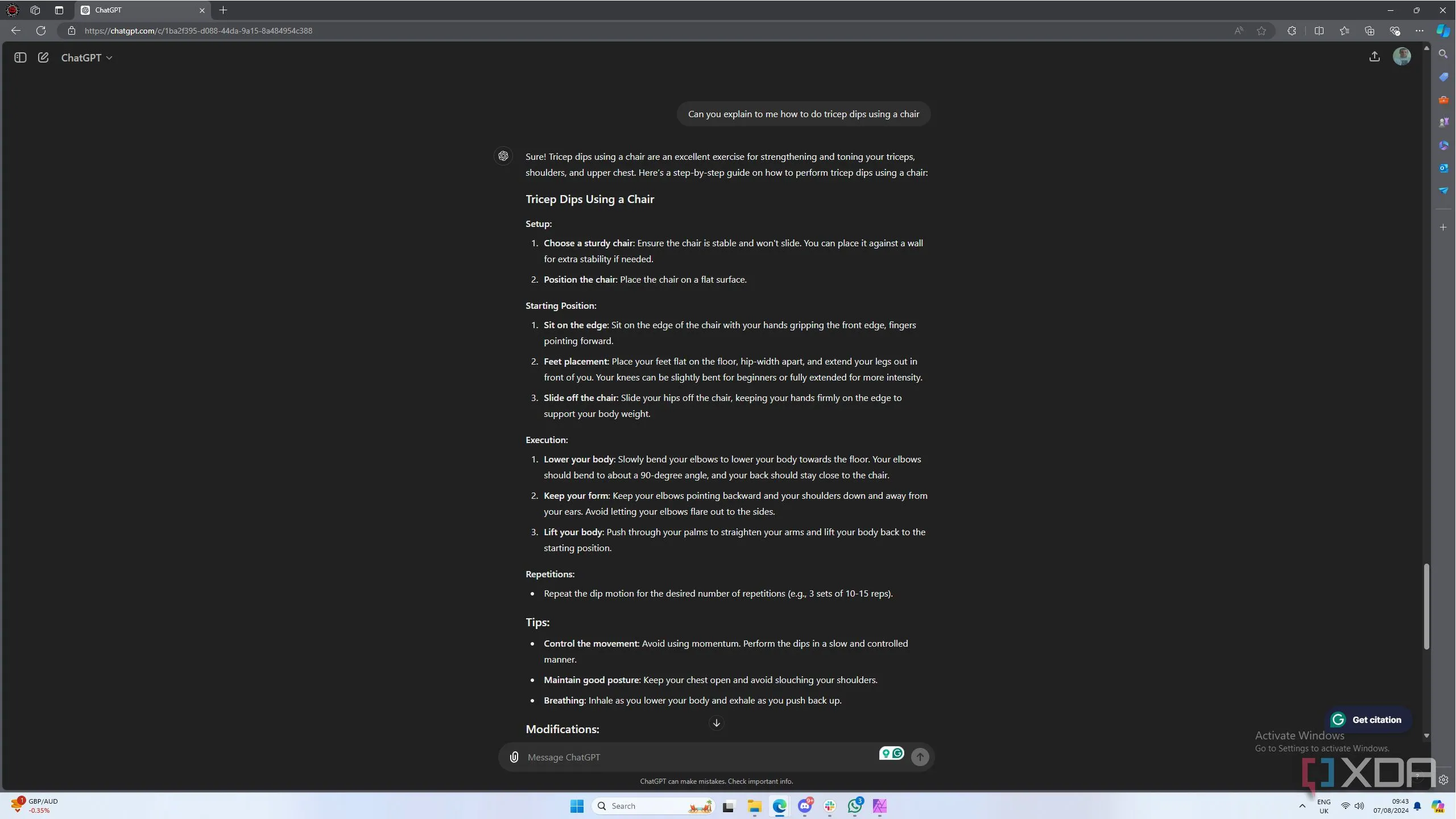 chatgpt explaining how to do a specific workout