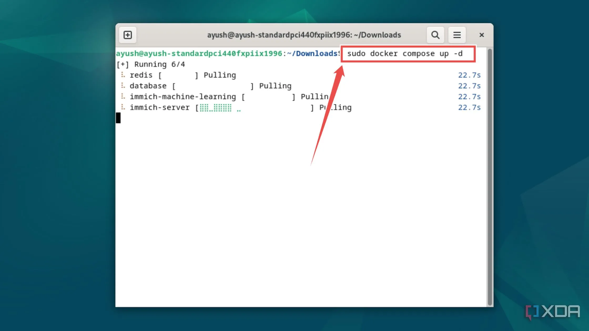 Chạy lệnh docker compose để triển khai container Immich