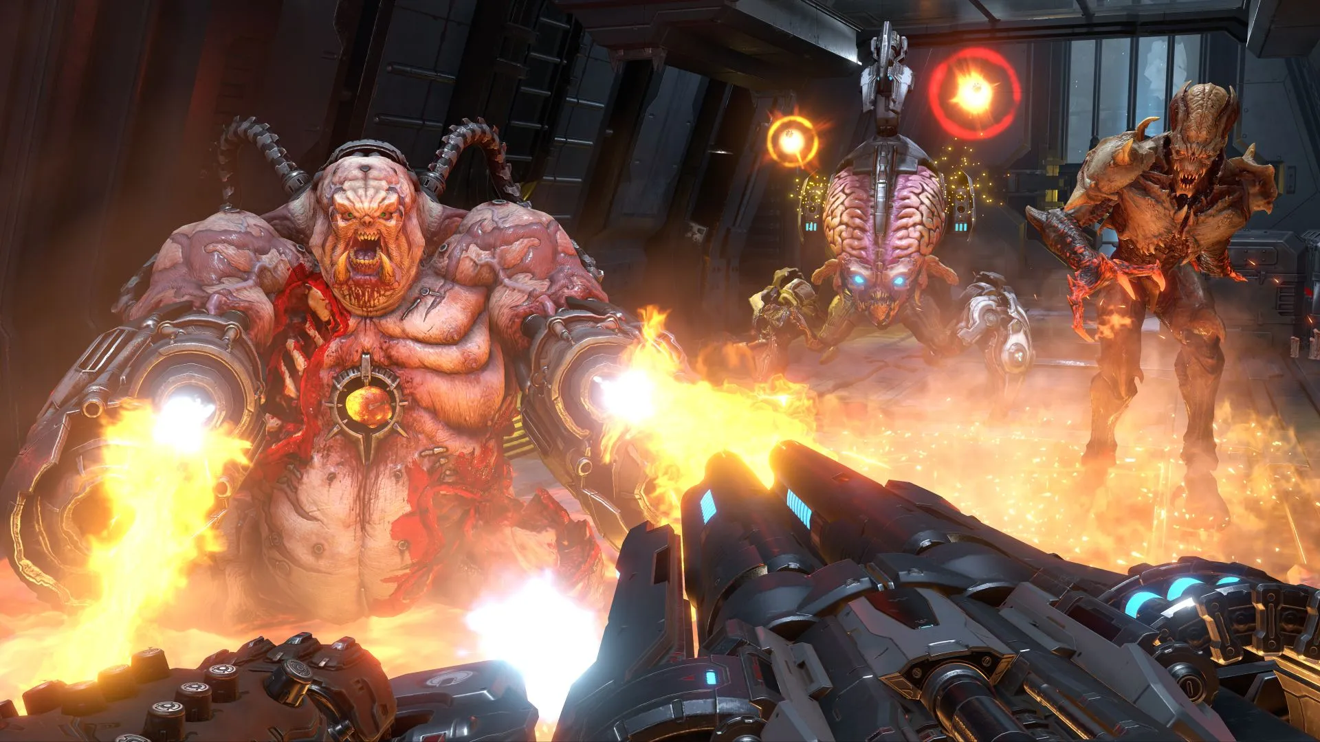 Chế độ Battle Mode trong Doom Eternal, với Doom Slayer chiến đấu chống lại hai quỷ lớn