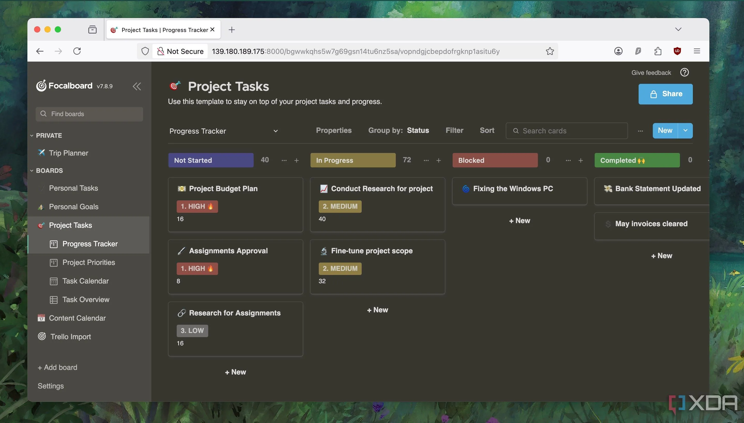 Chế độ tối (Dark Theme) của Focalboard