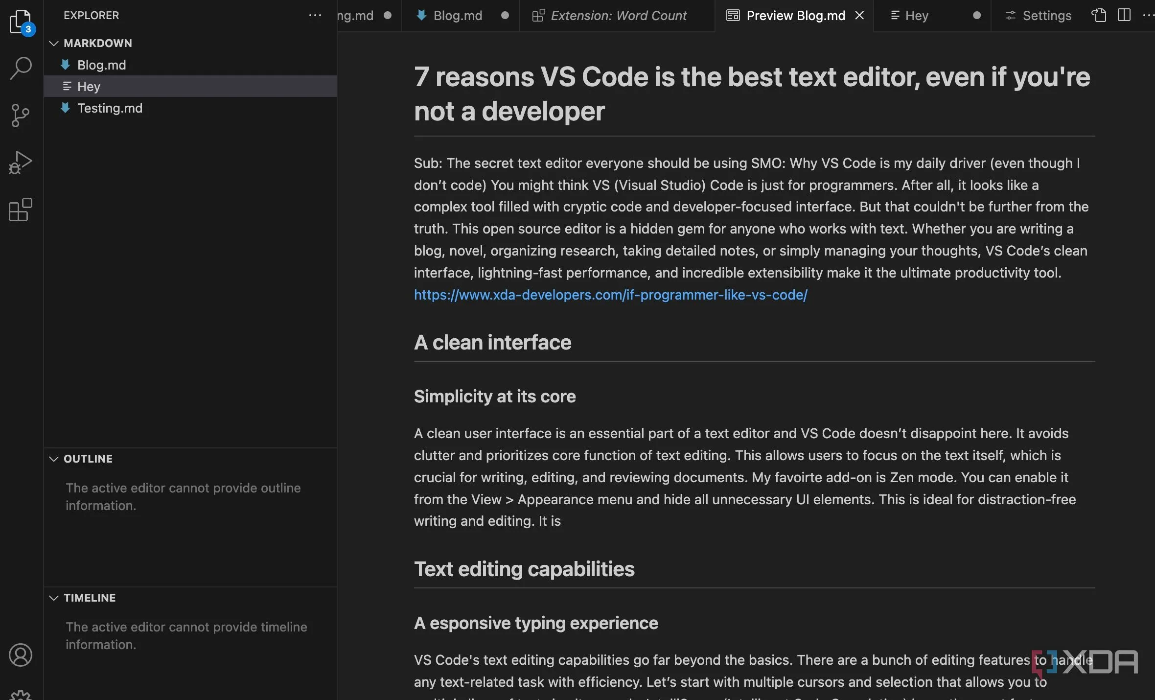 Chế độ xem trước Markdown trong VS Code hiển thị tài liệu được định dạng với tô sáng cú pháp