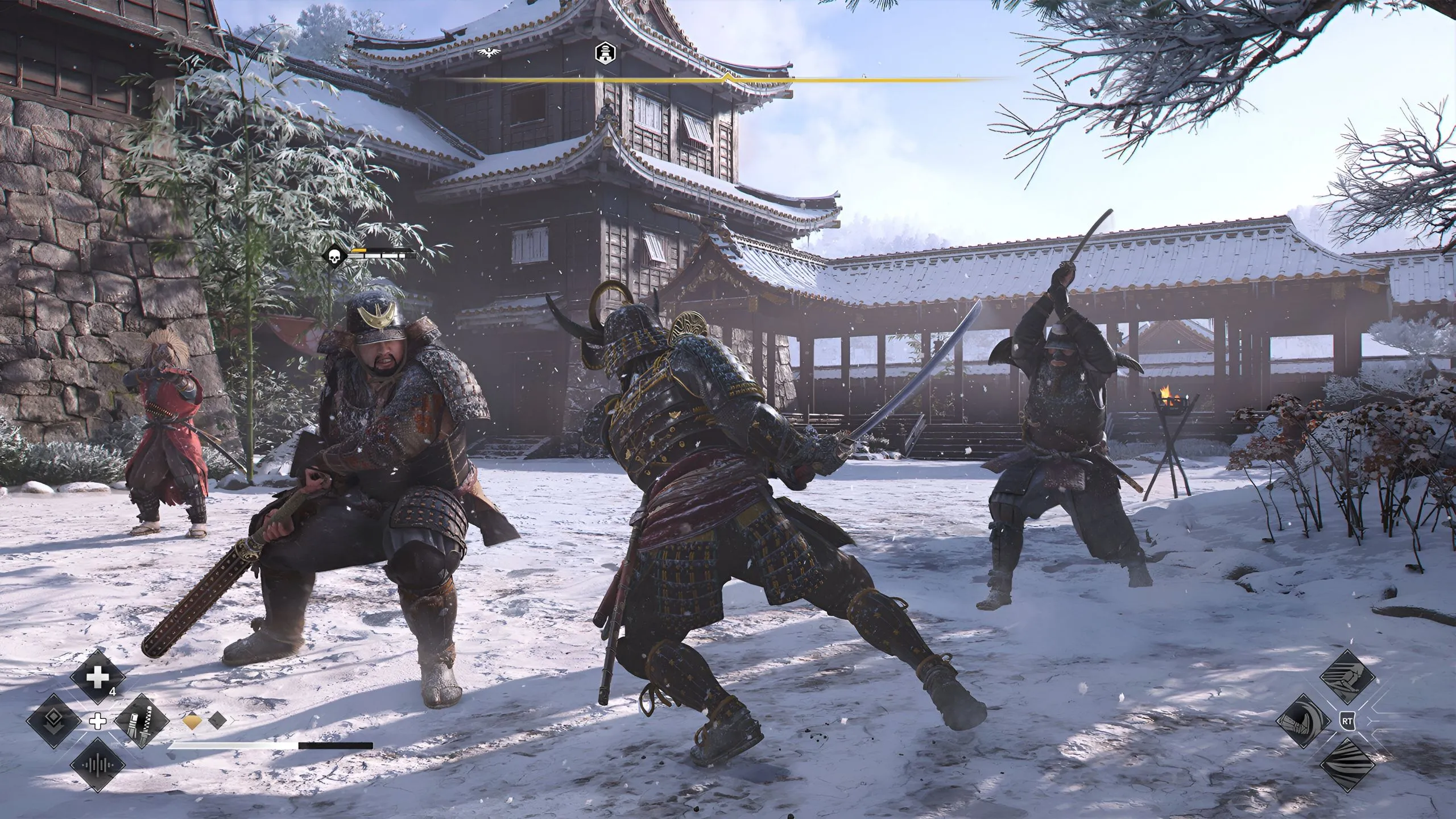 Chiến binh Yasuke của Assassin's Creed Shadows đối đầu nhiều kẻ thù trong một cảnh chiến đấu kịch tính.