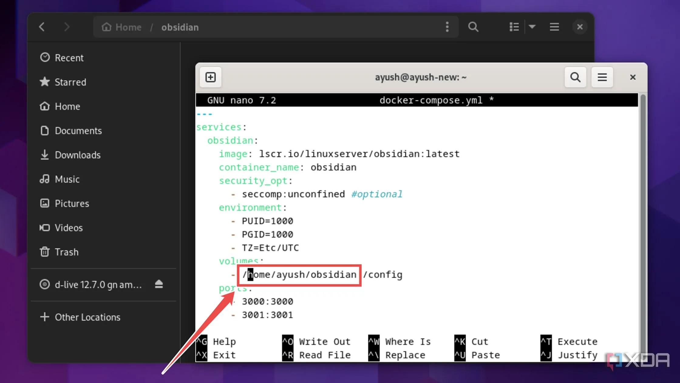 Chỉnh sửa biến đường dẫn trong tệp docker-compose.yml cho Obsidian