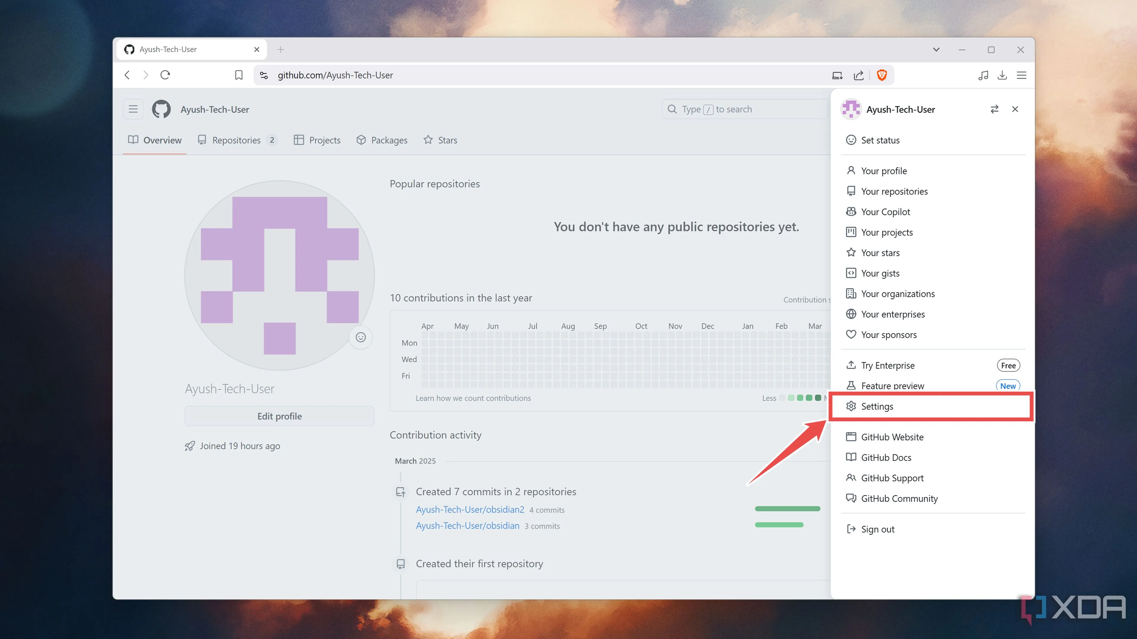 Chọn Cài đặt (Settings) từ menu hồ sơ GitHub