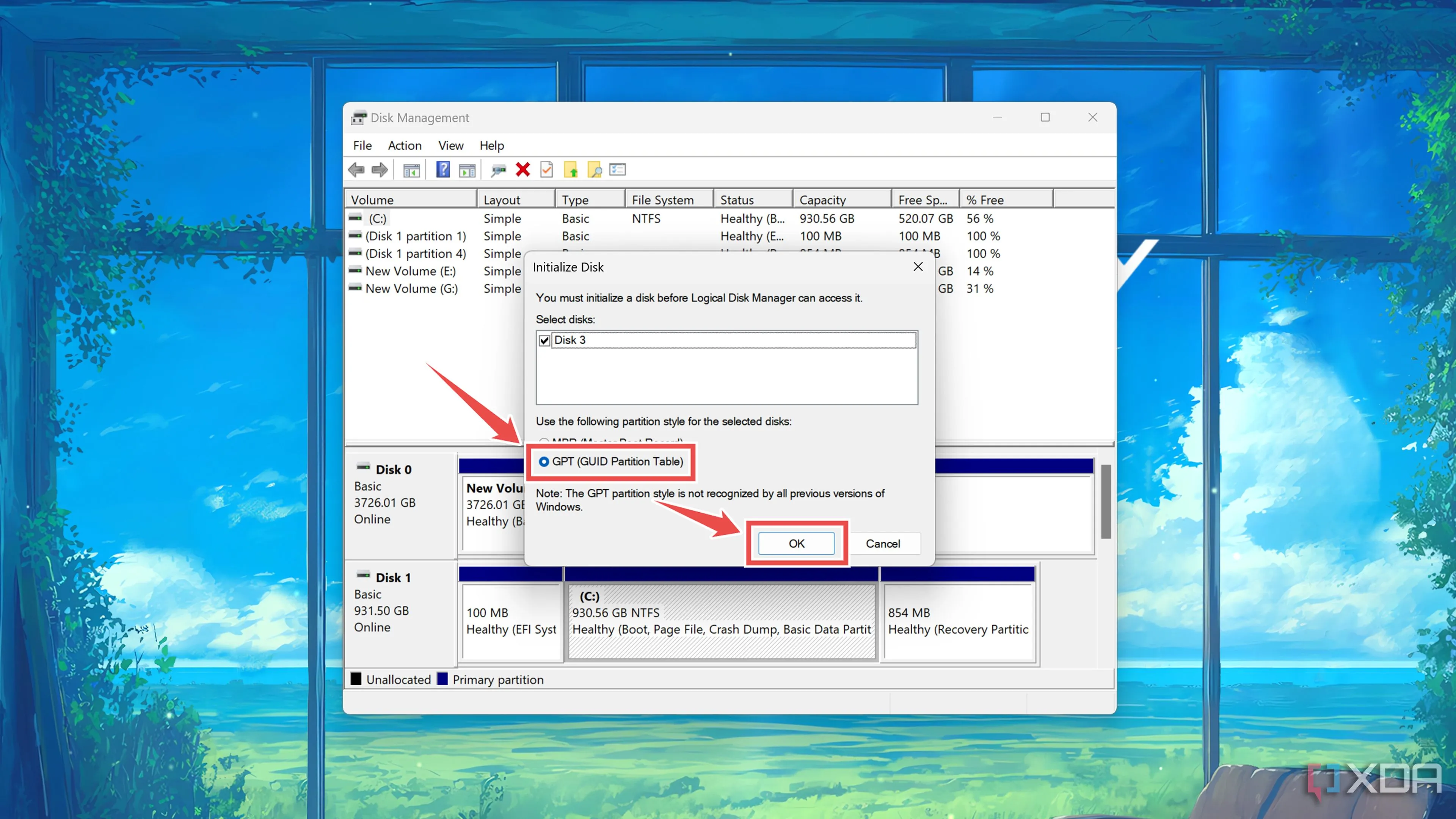 Chọn định dạng GPT trong cửa sổ Khởi tạo Đĩa (Initialize Disk) của Disk Management.