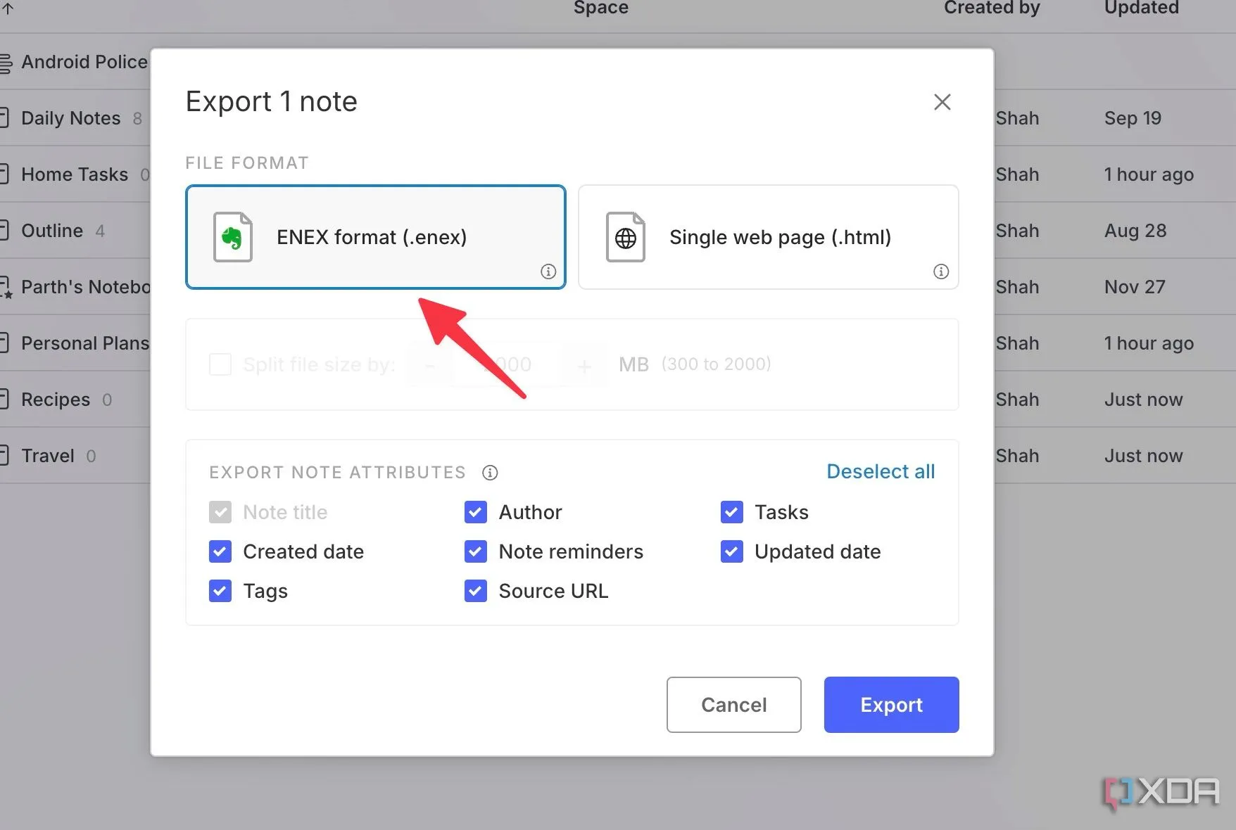 Chọn định dạng tệp .enex của Evernote