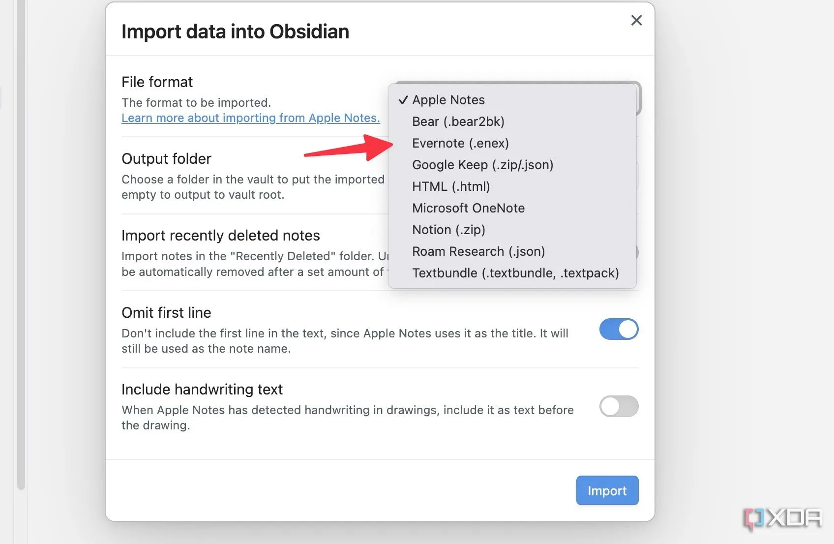 Chọn Evernote làm nguồn nhập dữ liệu
