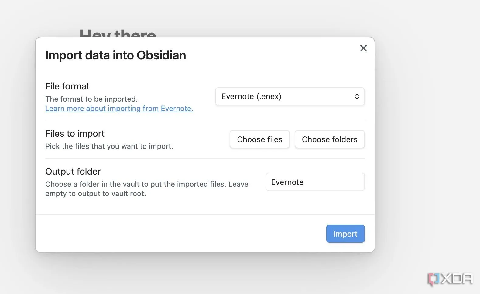 Chọn tệp Evernote để nhập vào Obsidian