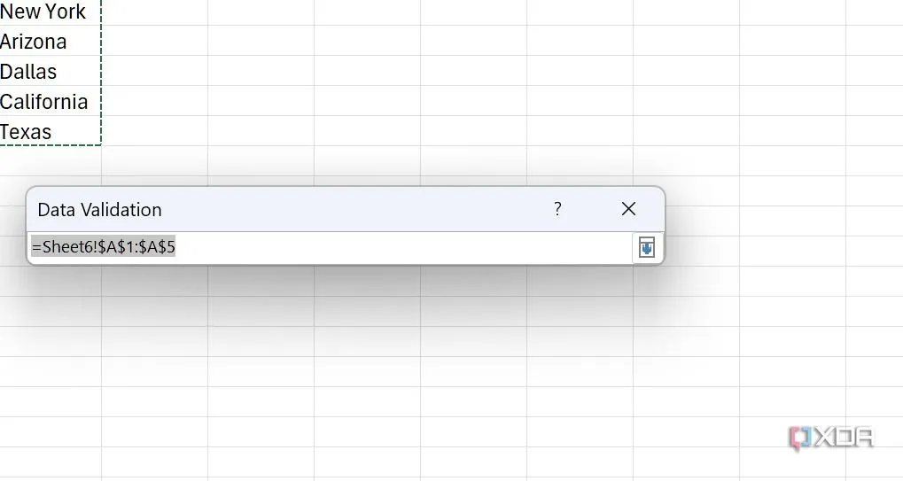 Chọn vùng dữ liệu trong Excel để sử dụng làm nguồn cho tính năng xác thực dữ liệu (Data Validation).