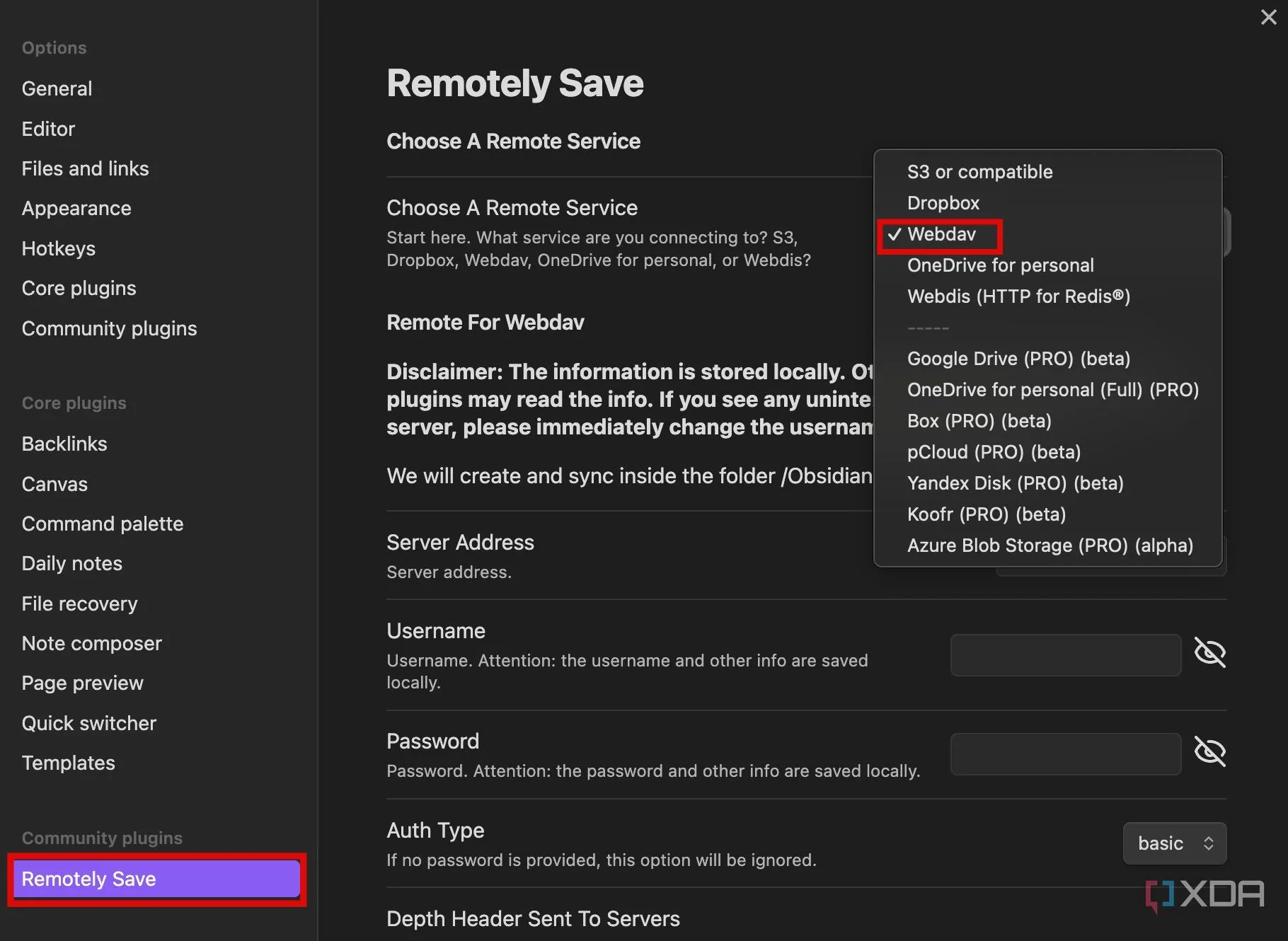 Chọn WebDAV làm máy chủ từ xa trong cài đặt Remotely Save Obsidian