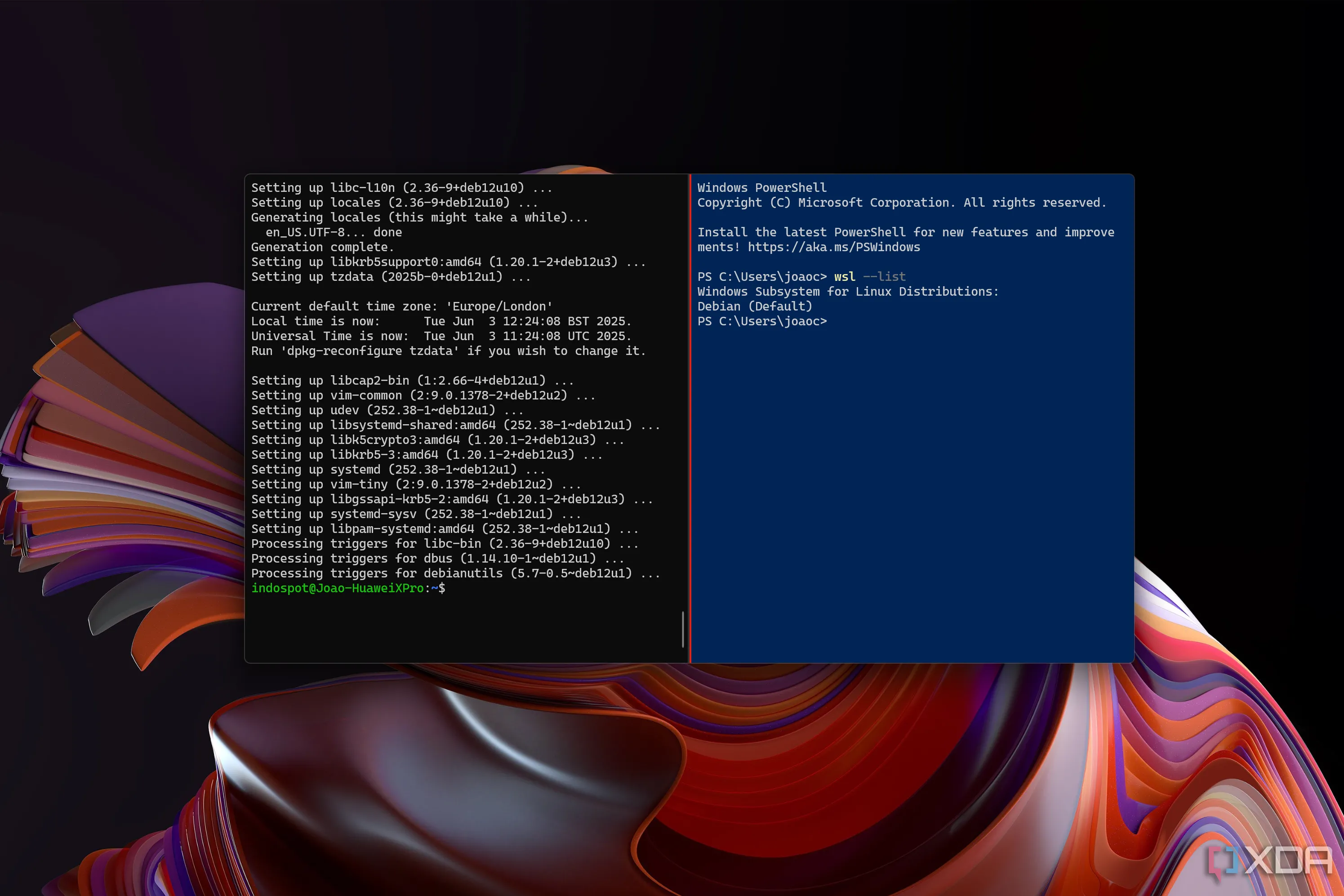 Chức năng chia ô (Split Panes) trong Windows Terminal hiển thị Debian WSL và PowerShell cạnh nhau, tối ưu đa nhiệm