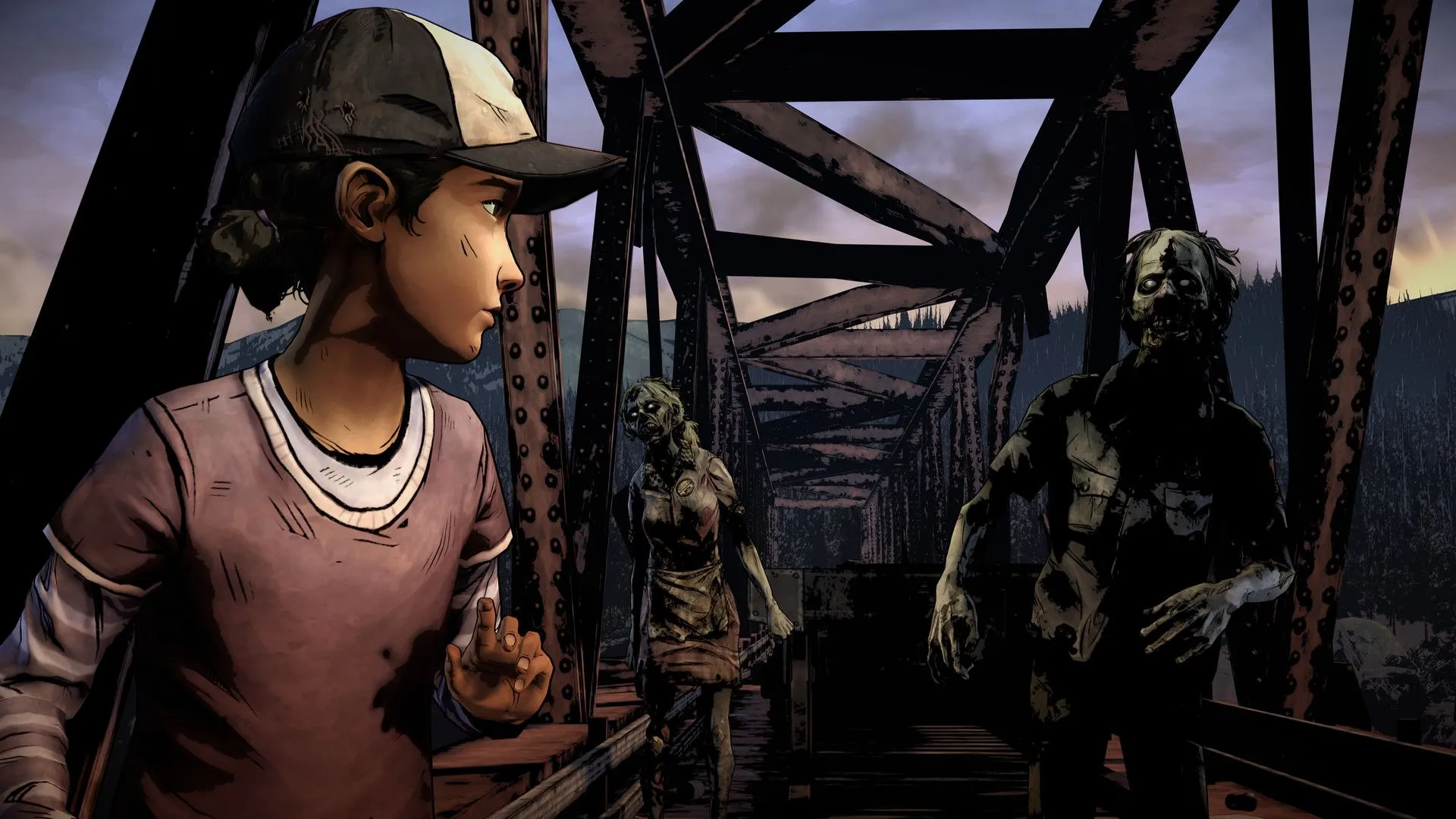 Clementine và AJ trong phân cảnh từ The Walking Dead: The Telltale Definitive Series, minh họa đồ họa được cải tiến