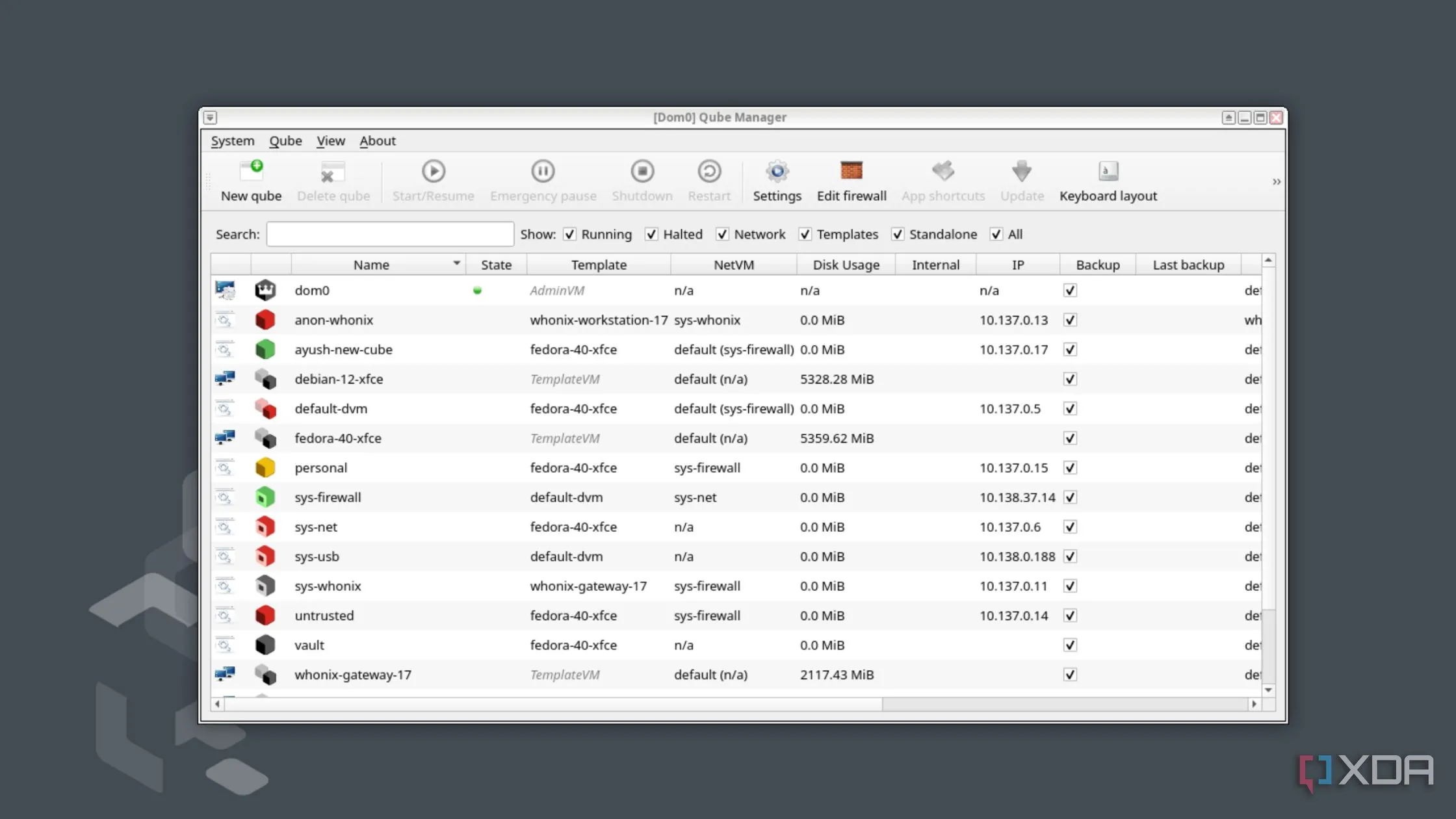Công cụ 'Qube Manager' giúp người dùng quản lý tổng quan các qubes trên hệ thống Qubes OS