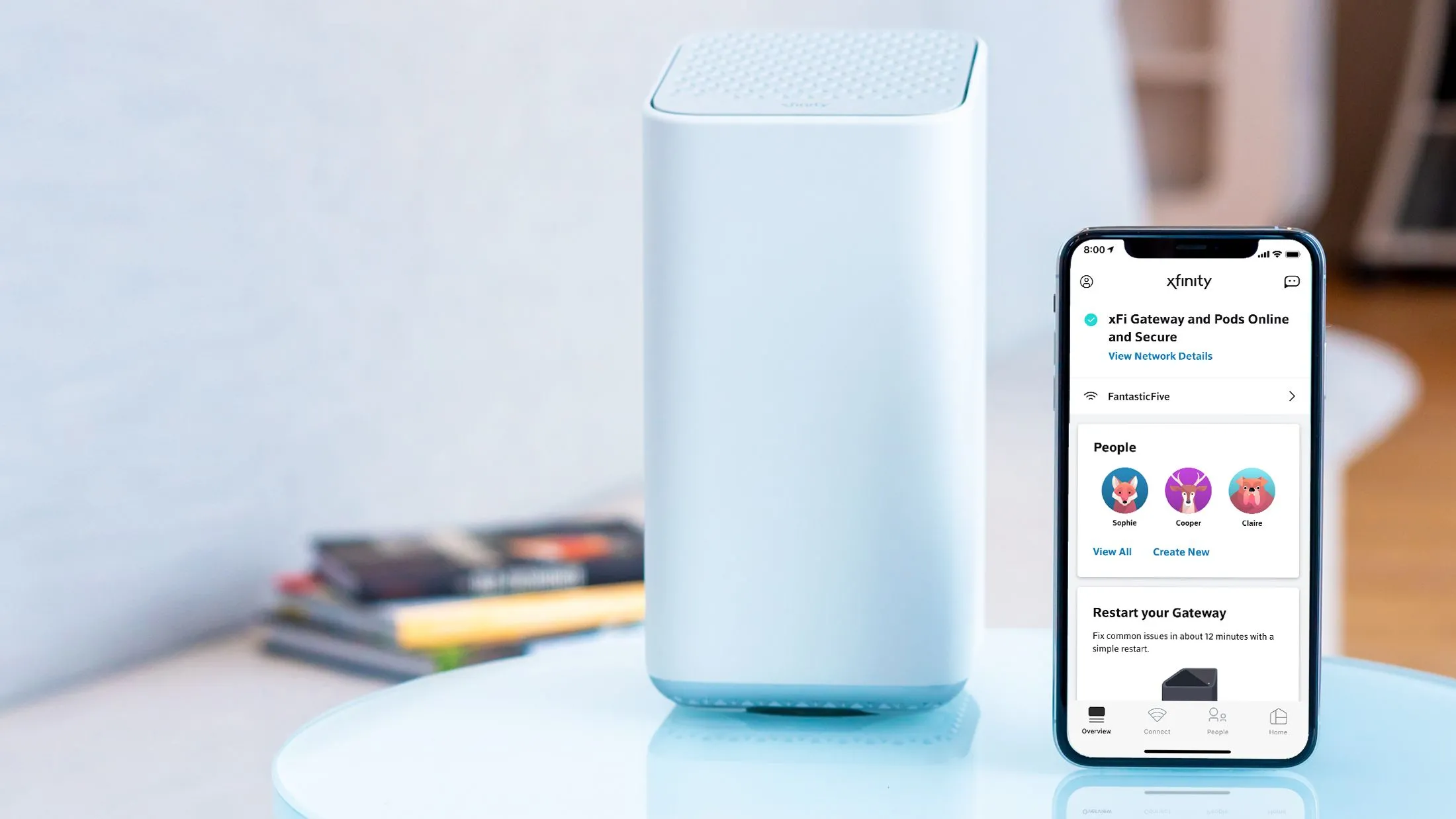 Cổng internet Xfinity XFi và giao diện điều khiển ứng dụng, đại diện cho thiết bị do ISP cung cấp và khả năng quản lý kết nối băng thông rộng tại nhà
