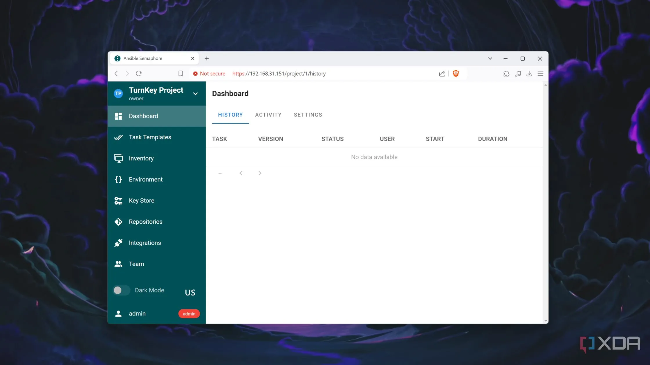 Container Ansible đang chạy trong Proxmox, hiển thị giao diện quản lý Semaphore