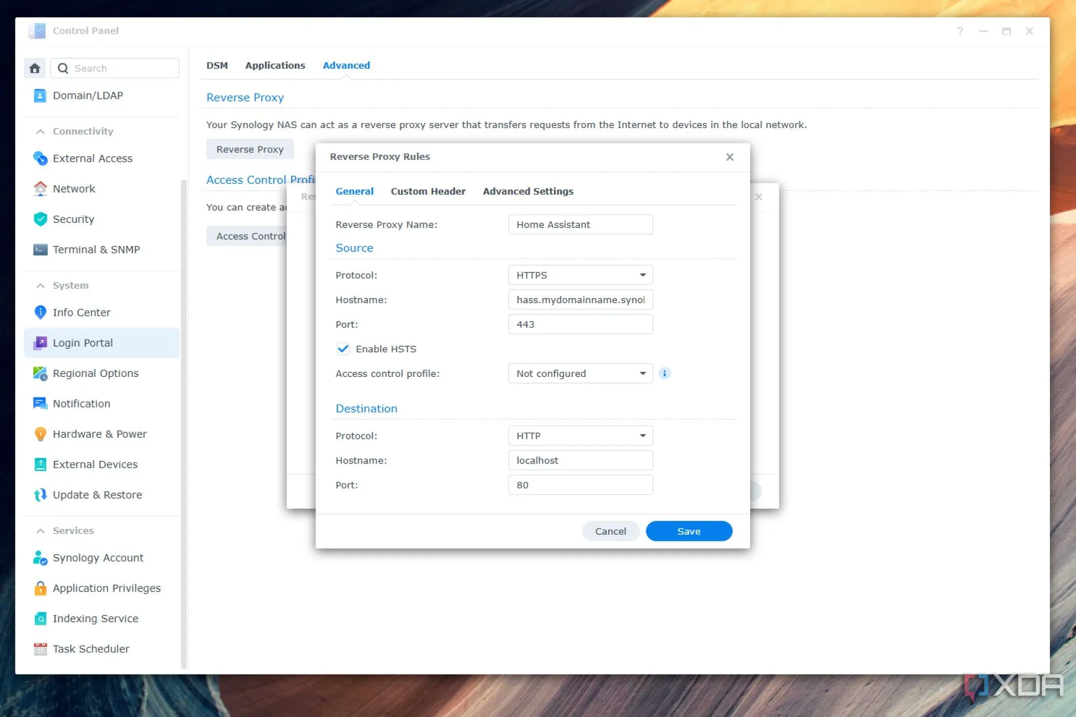 Cửa sổ cài đặt Reverse Proxy trên Synology NAS, hiển thị cấu hình nguồn và đích cho ứng dụng.