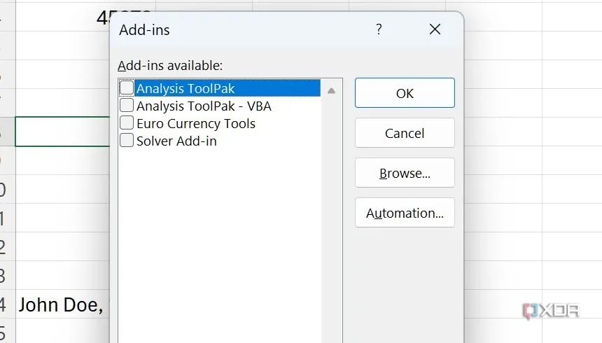 Cửa sổ COM Add-ins trong Excel để vô hiệu hóa các tiện ích không cần thiết