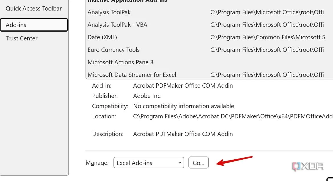 Cửa sổ Excel Options, mục Add-ins để quản lý các tiện ích bổ sung