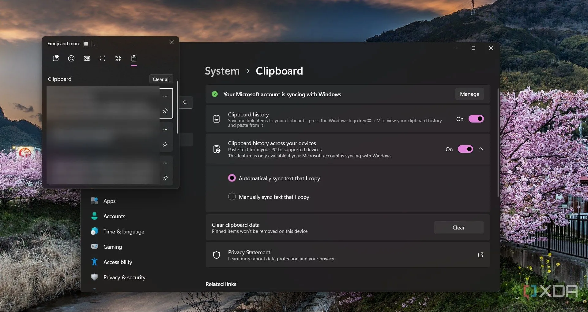 Cửa sổ lịch sử Clipboard History và cài đặt đồng bộ trên Windows 11