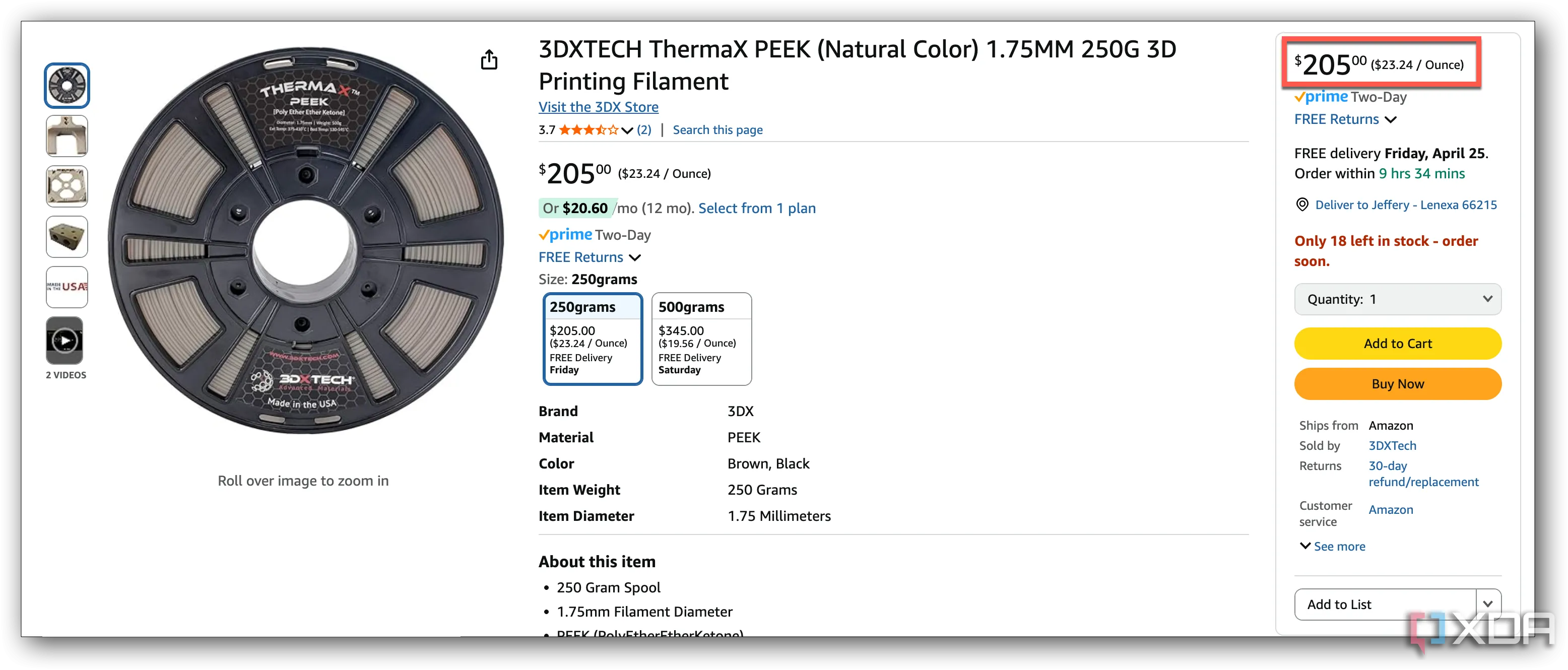 Cuộn filament PEEK trên trang thương mại điện tử Amazon, thể hiện chi phí cao của vật liệu in 3D chịu nhiệt.