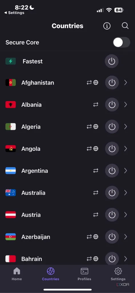 Danh sách các quốc gia có máy chủ VPN để kết nối trên ứng dụng di động Proton VPN