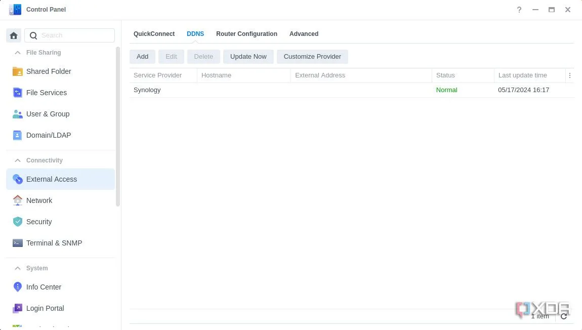 Danh sách cấu hình DDNS trong Synology DSM 7, hiển thị các mục tên miền động đã thêm.