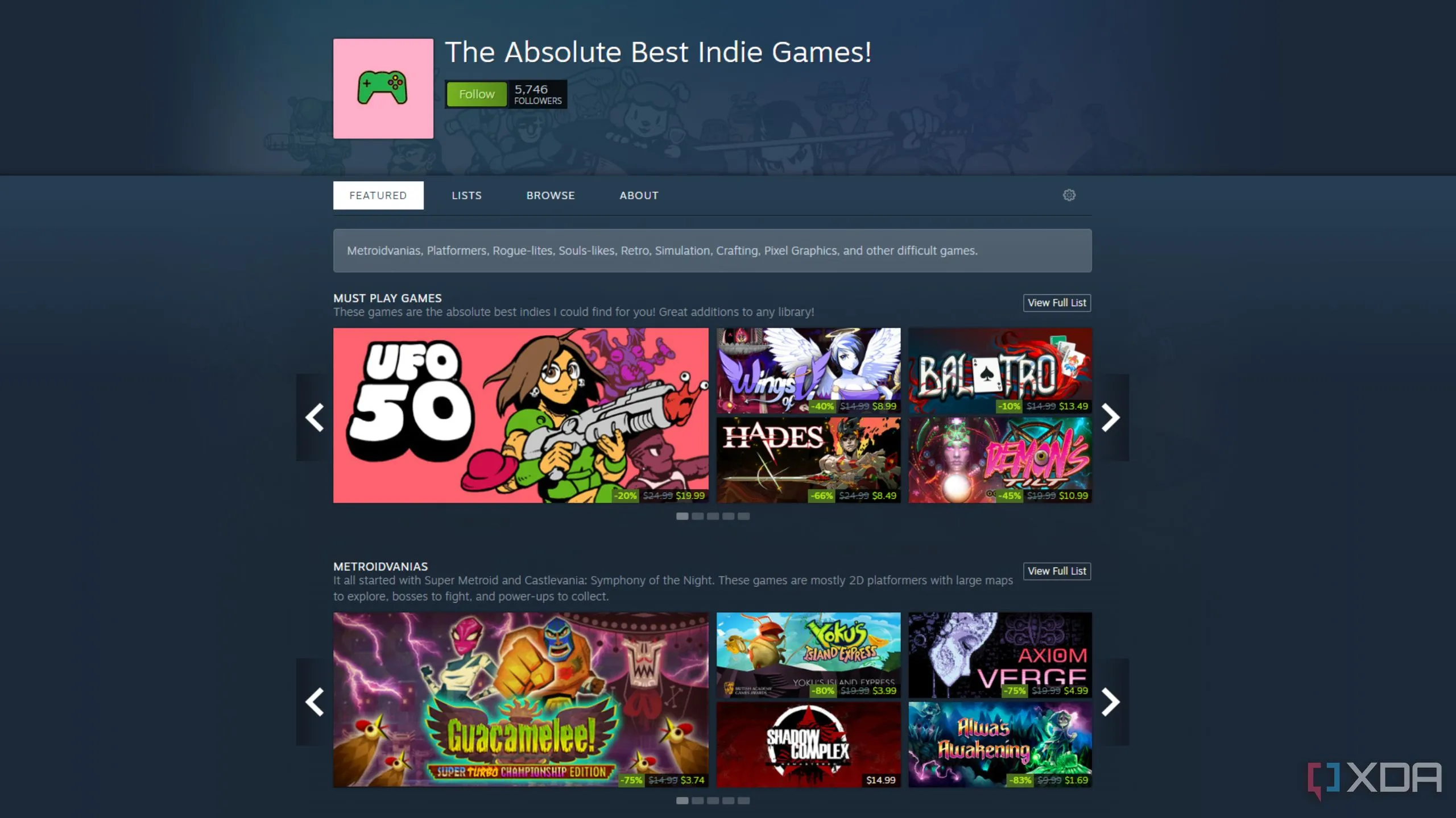 Danh sách phát game indie tuyển chọn trên Steam, đại diện cho sự phát triển của game độc lập.