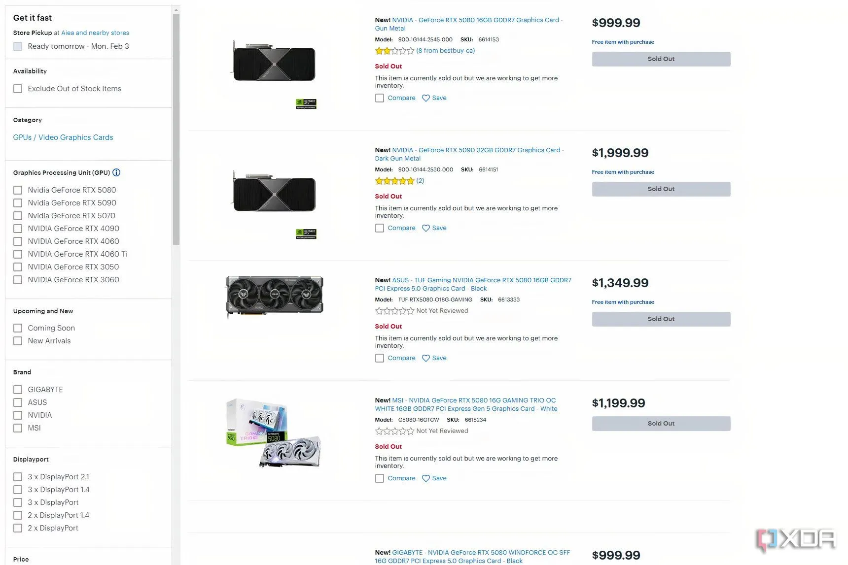 Danh sách sản phẩm RTX 50 series hết hàng trên BestBuy, minh họa tình trạng khan hiếm card đồ họa.