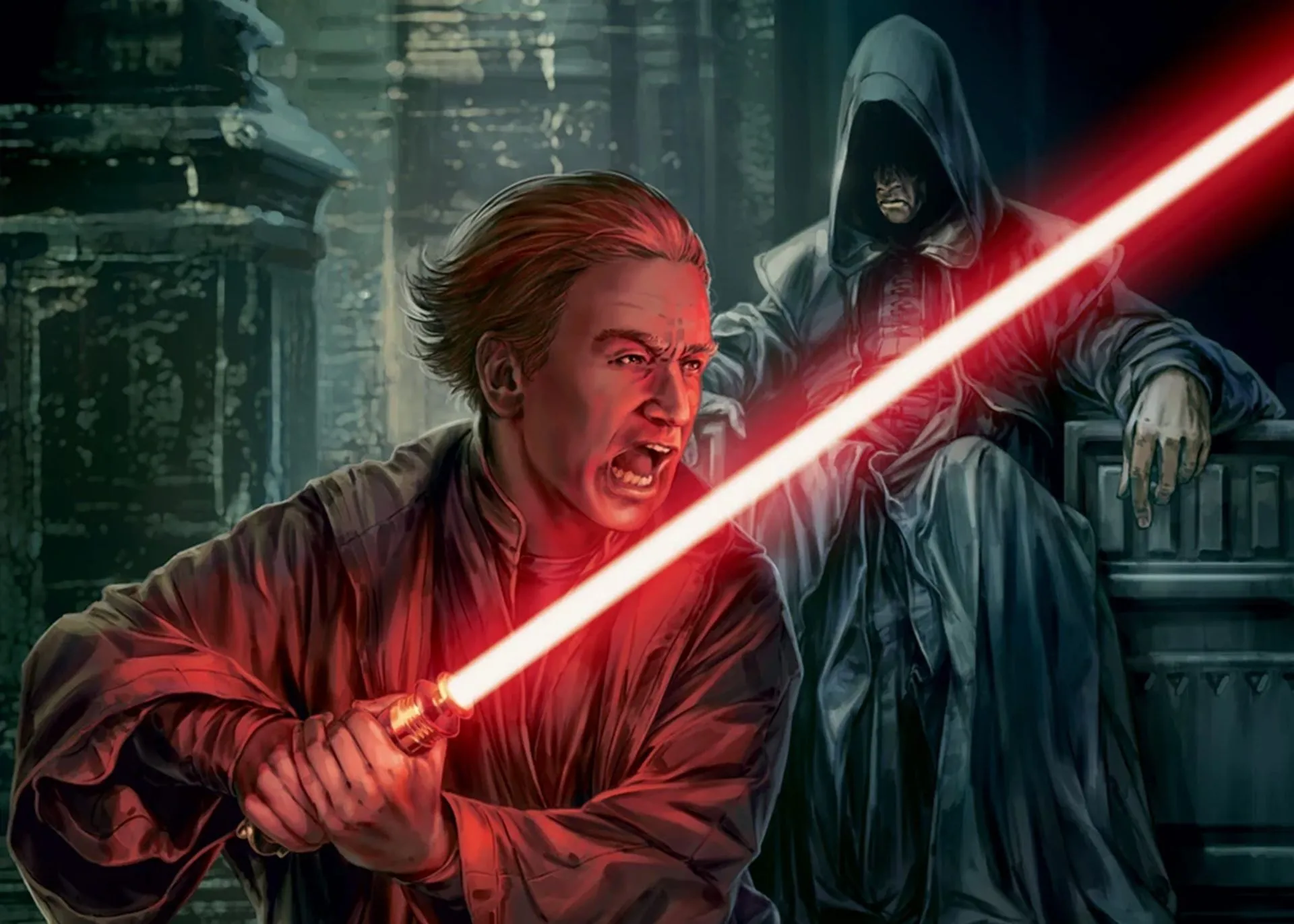 Darth Plagueis huấn luyện Palpatine (Darth Sidious) trong cảnh cắt từ sách Jedi vs. Sith: Hướng Dẫn Thiết Yếu về Thần Lực