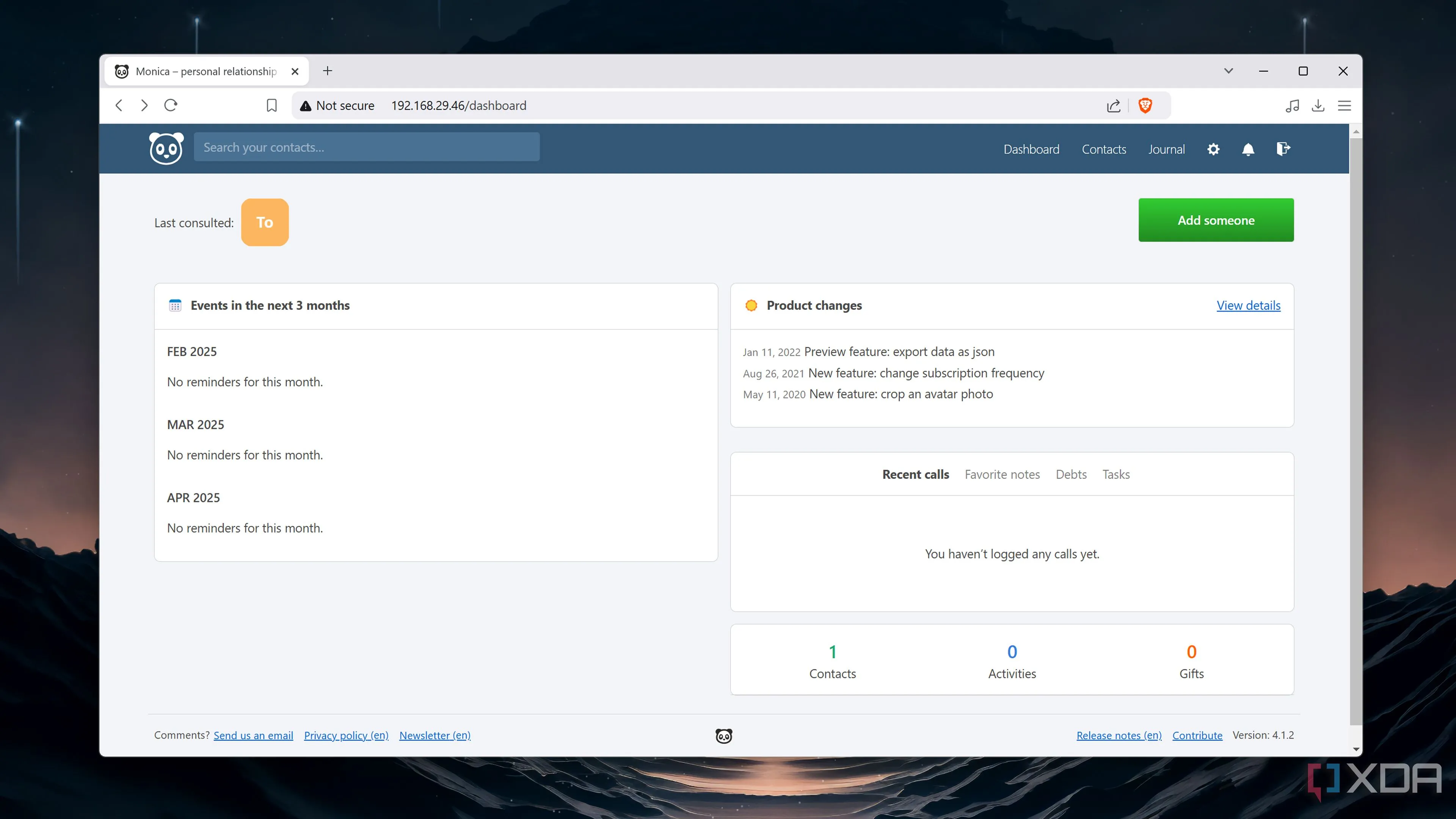 Dashboard bên trong ứng dụng Monica