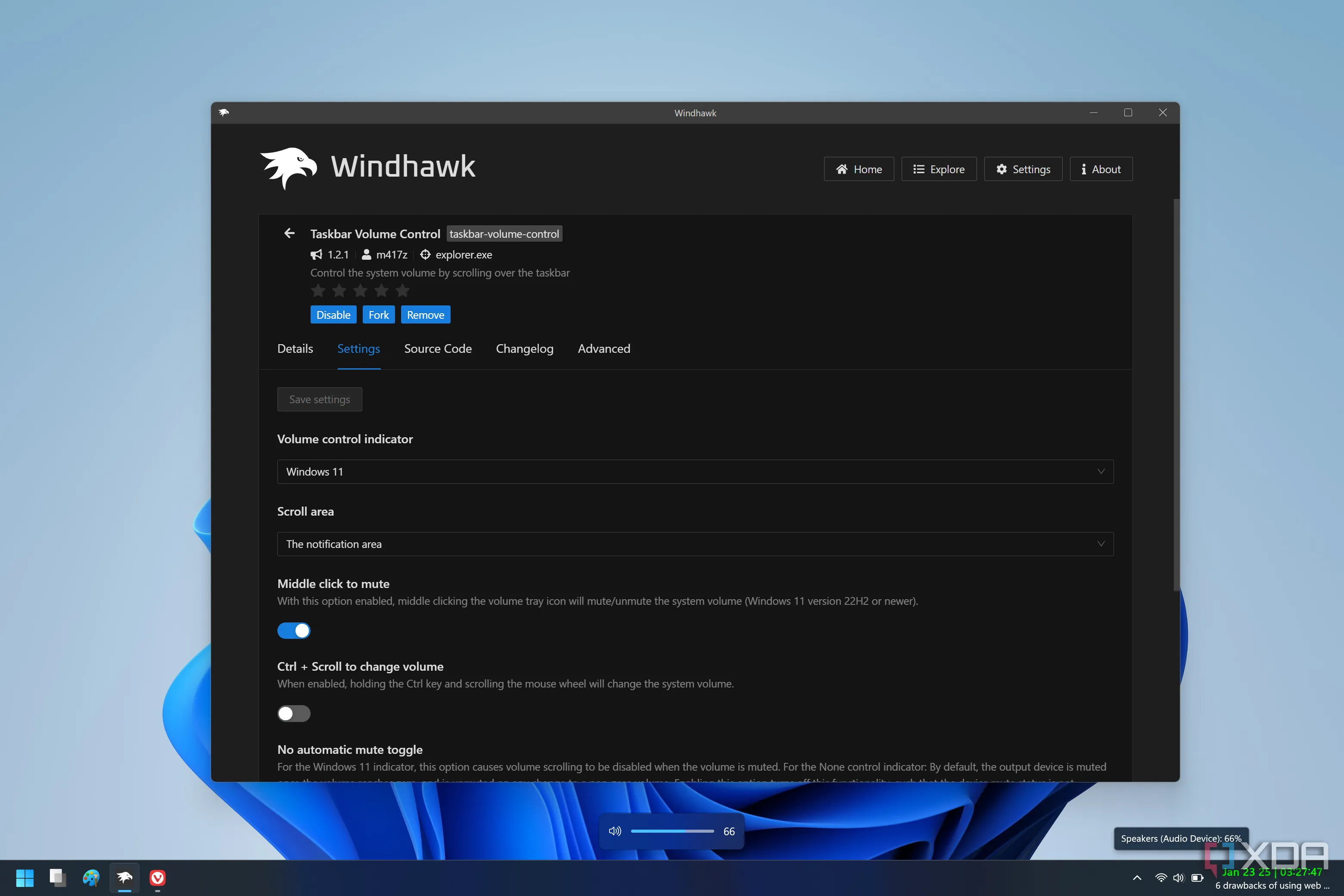 Điều chỉnh âm lượng PC trên Windows 11 bằng cách cuộn chuột trên thanh tác vụ, một tính năng của Windhawk mod