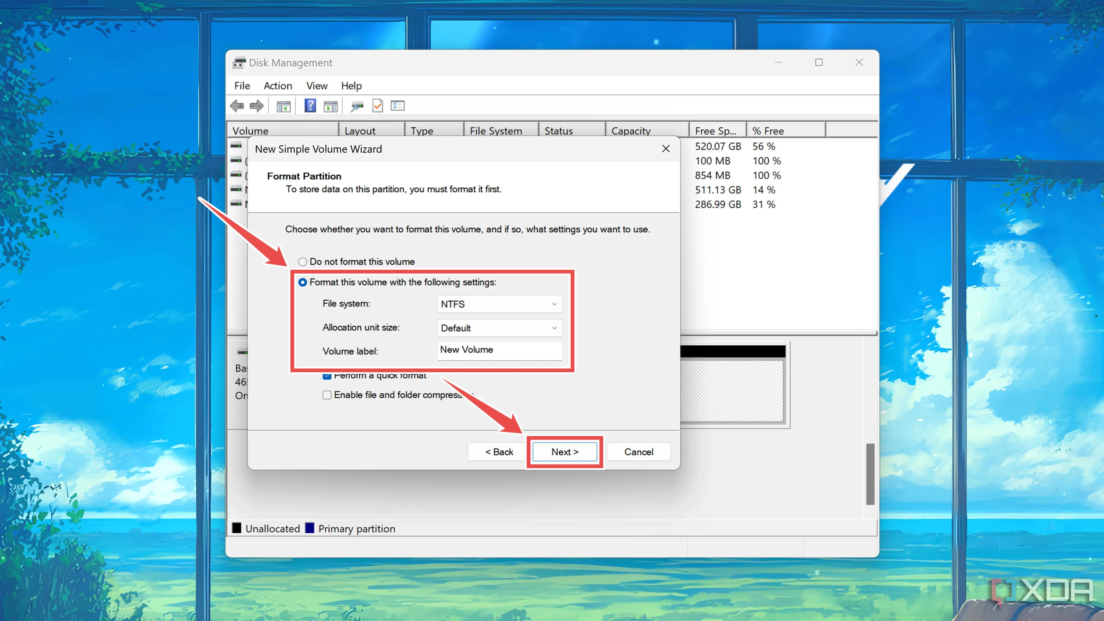 Định dạng phân vùng, chọn hệ thống tệp và kích thước đơn vị cấp phát trong Disk Management.