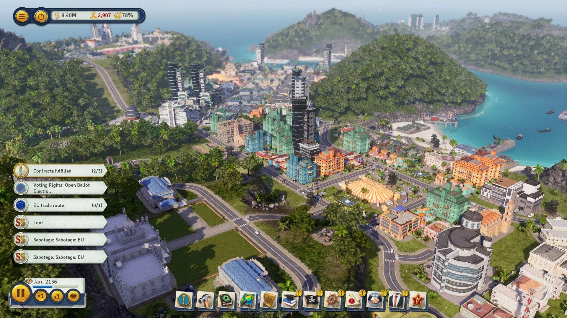 Dinh thự của El Presidente nhìn từ trên cao, bao quanh bởi khu vườn và tượng đài trong Tropico 6