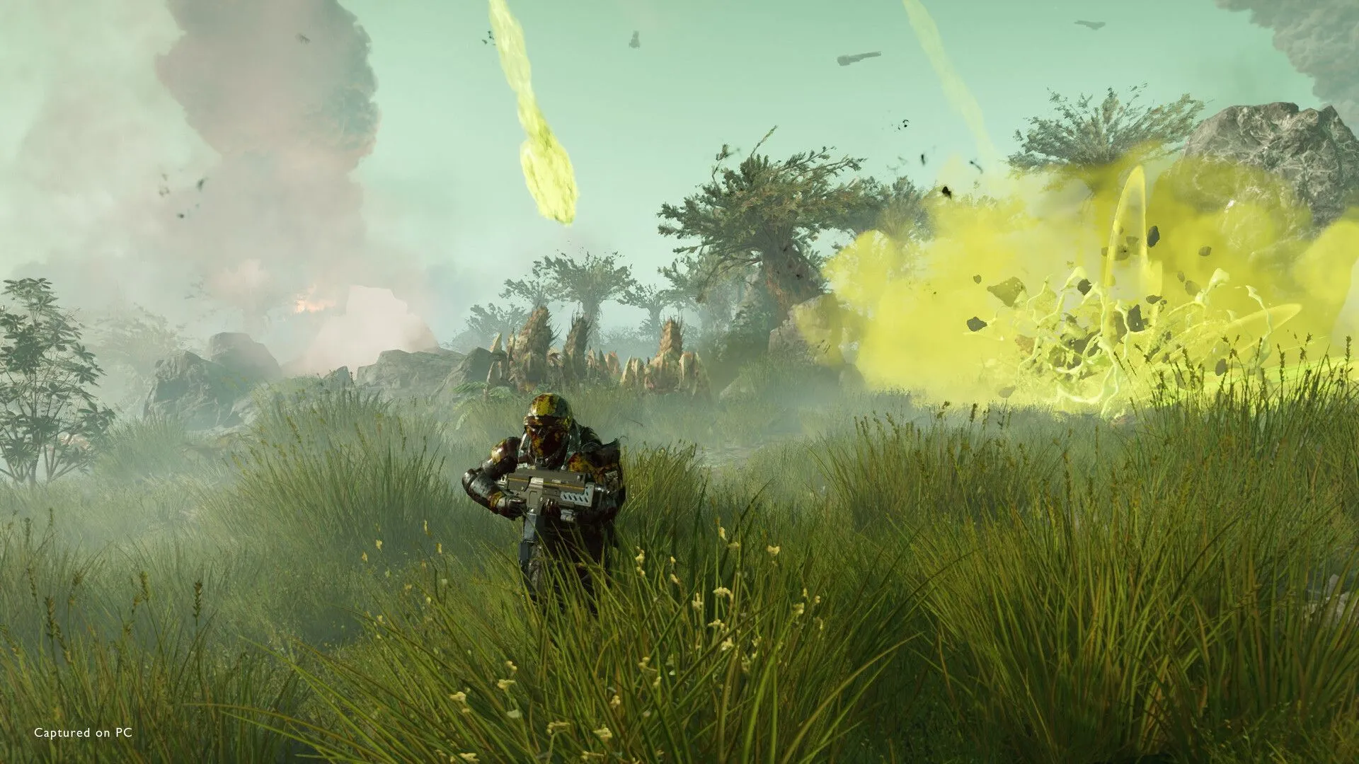 Đội Helldivers 2 cơ động trên địa hình đồng cỏ rộng lớn