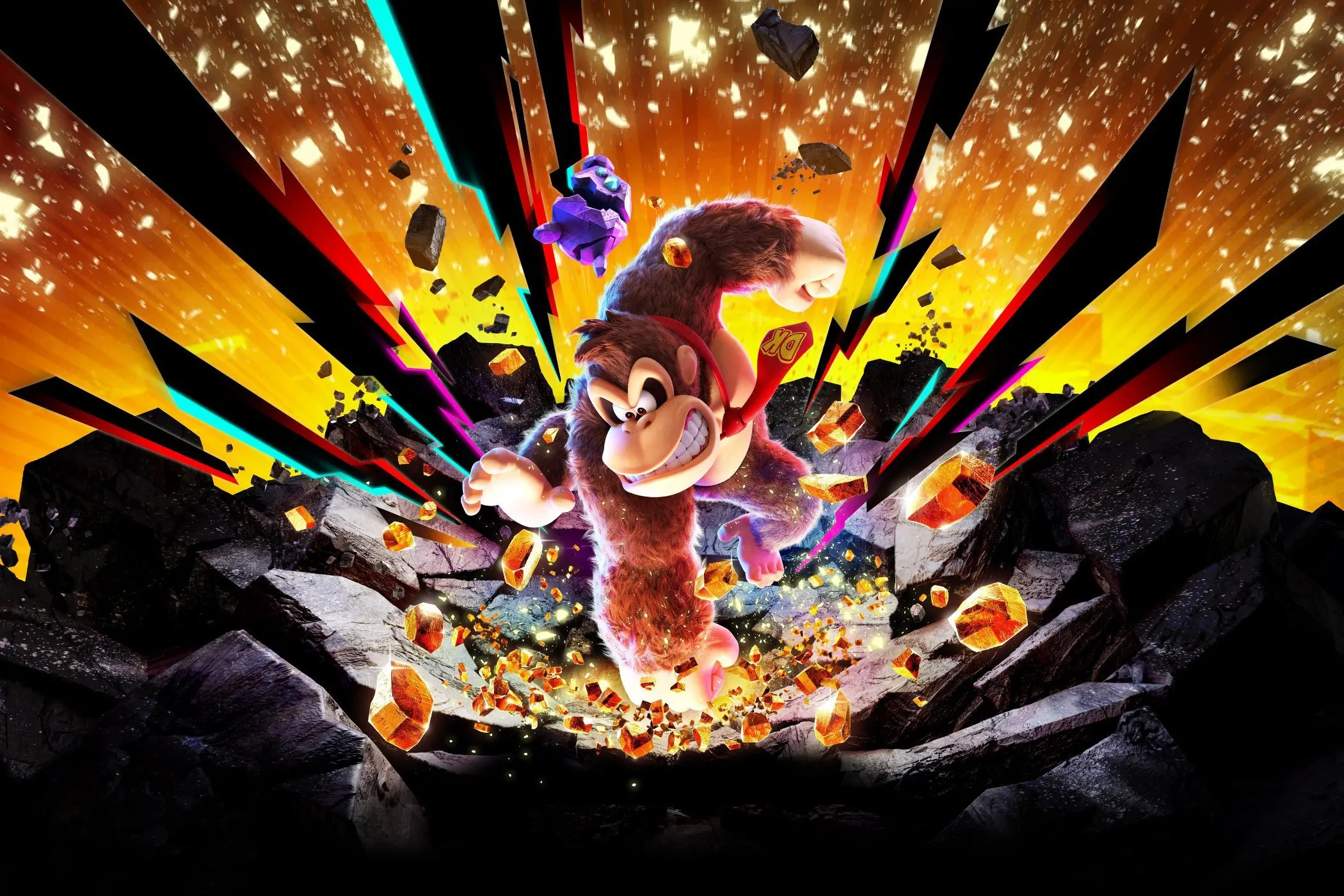 Donkey Kong thực hiện đòn đập đất trong Donkey Kong Bananza, thể hiện lối chơi phá hủy môi trường