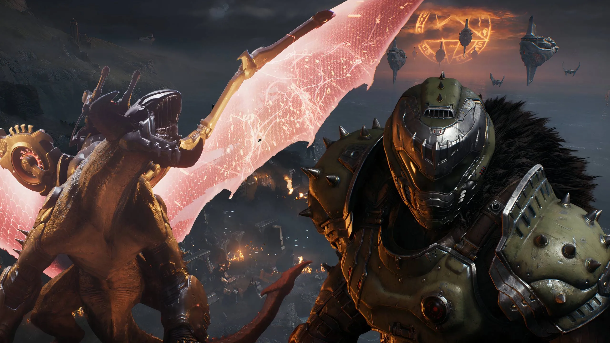 Doom Slayer cưỡi rồng trong bối cảnh trung cổ tăm tối của Doom: The Dark Ages, minh họa cho những đổi mới thú vị của tựa game này.