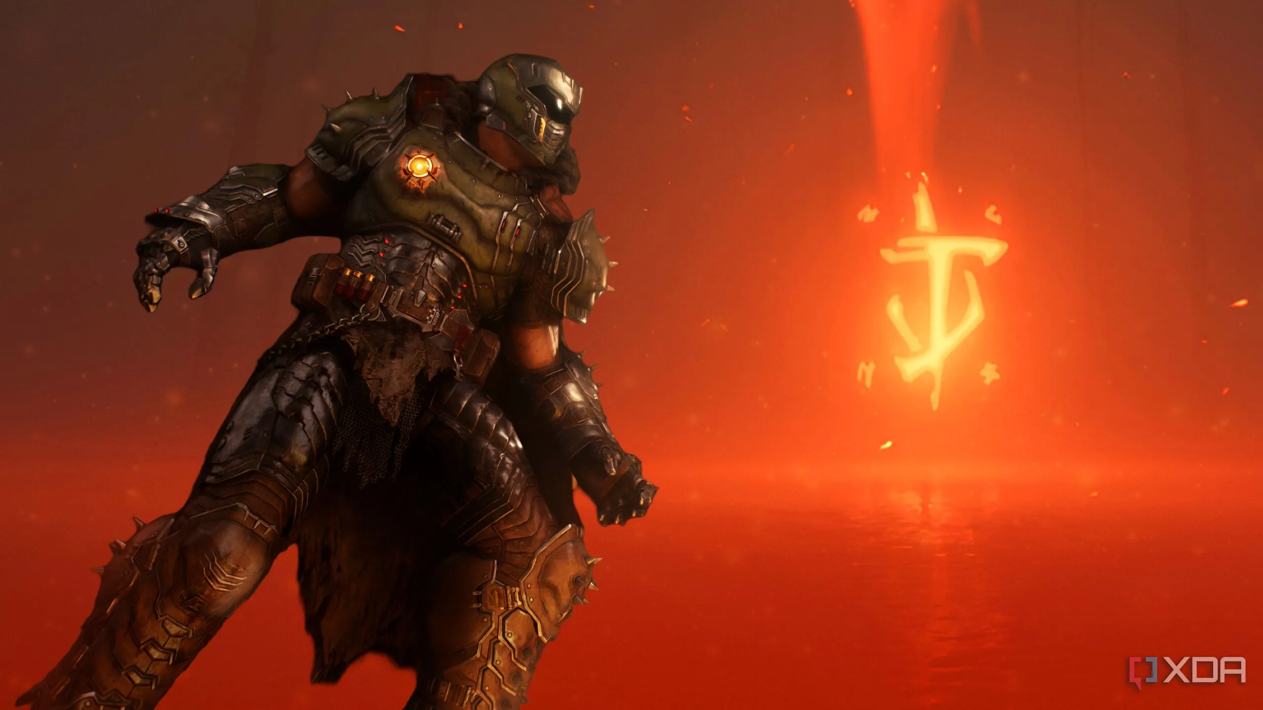 Doom Slayer sải bước mạnh mẽ về phía Dấu Ấn Quỷ phát sáng, thể hiện sự đối đầu thiện ác trong Doom The Dark Ages.