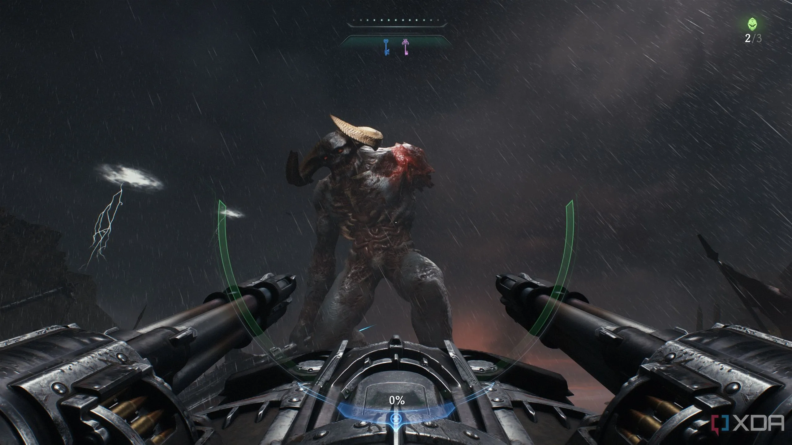 Doom Slayer sử dụng tháp pháo để tấn công quỷ khổng lồ trong một phân đoạn của Doom: The Dark Ages.