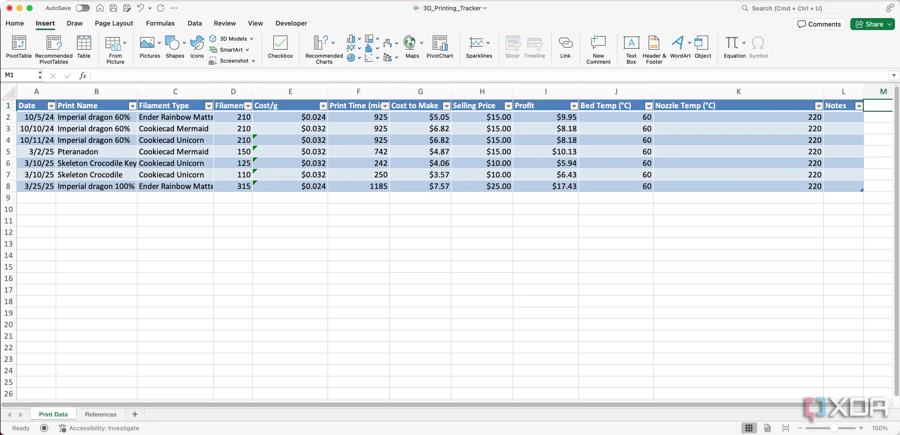 Dữ liệu in 3D được sắp xếp trong bảng tính Excel với các cột được gán nhãn rõ ràng
