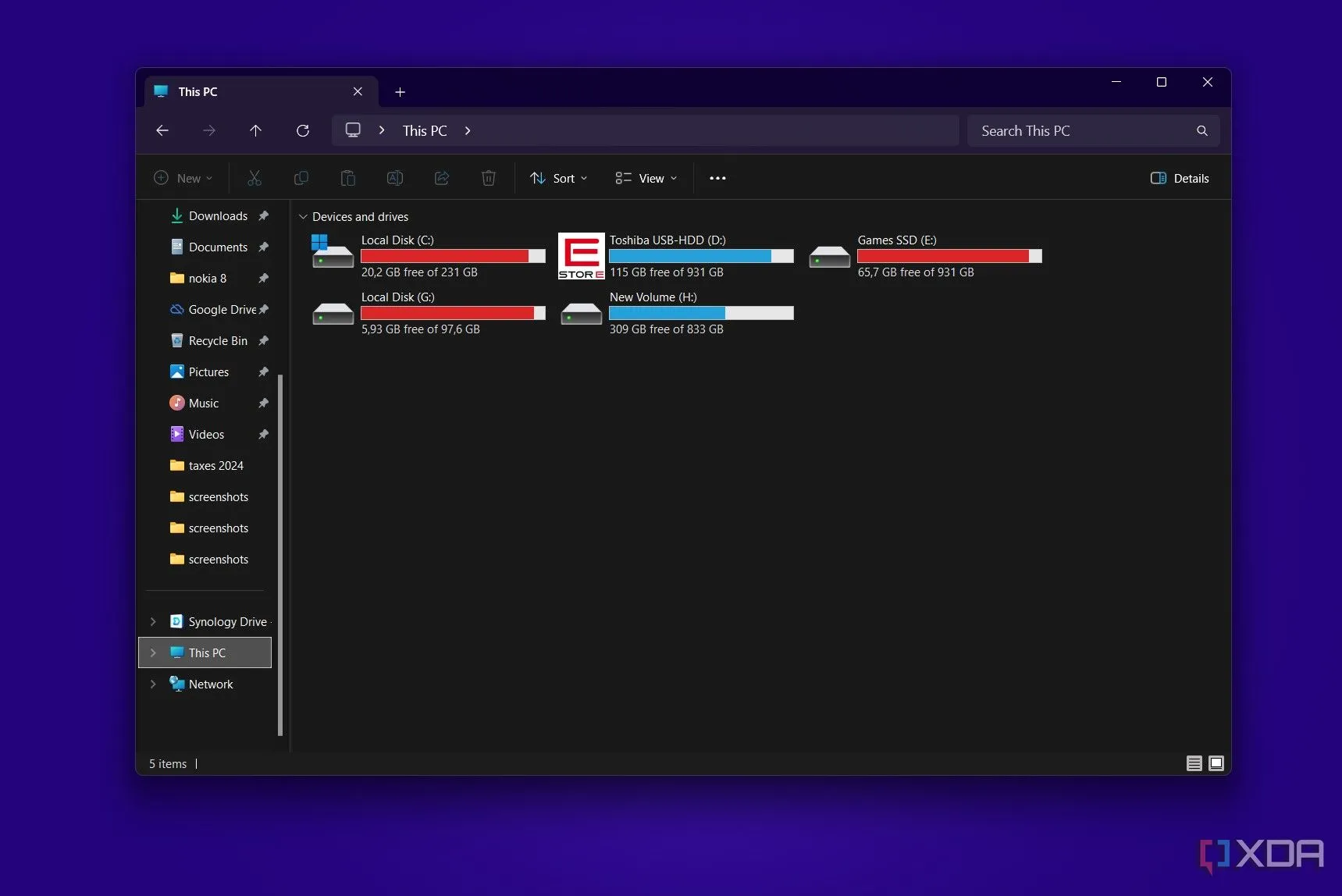 dung lượng lưu trữ trên các ổ đĩa của máy tính Windows