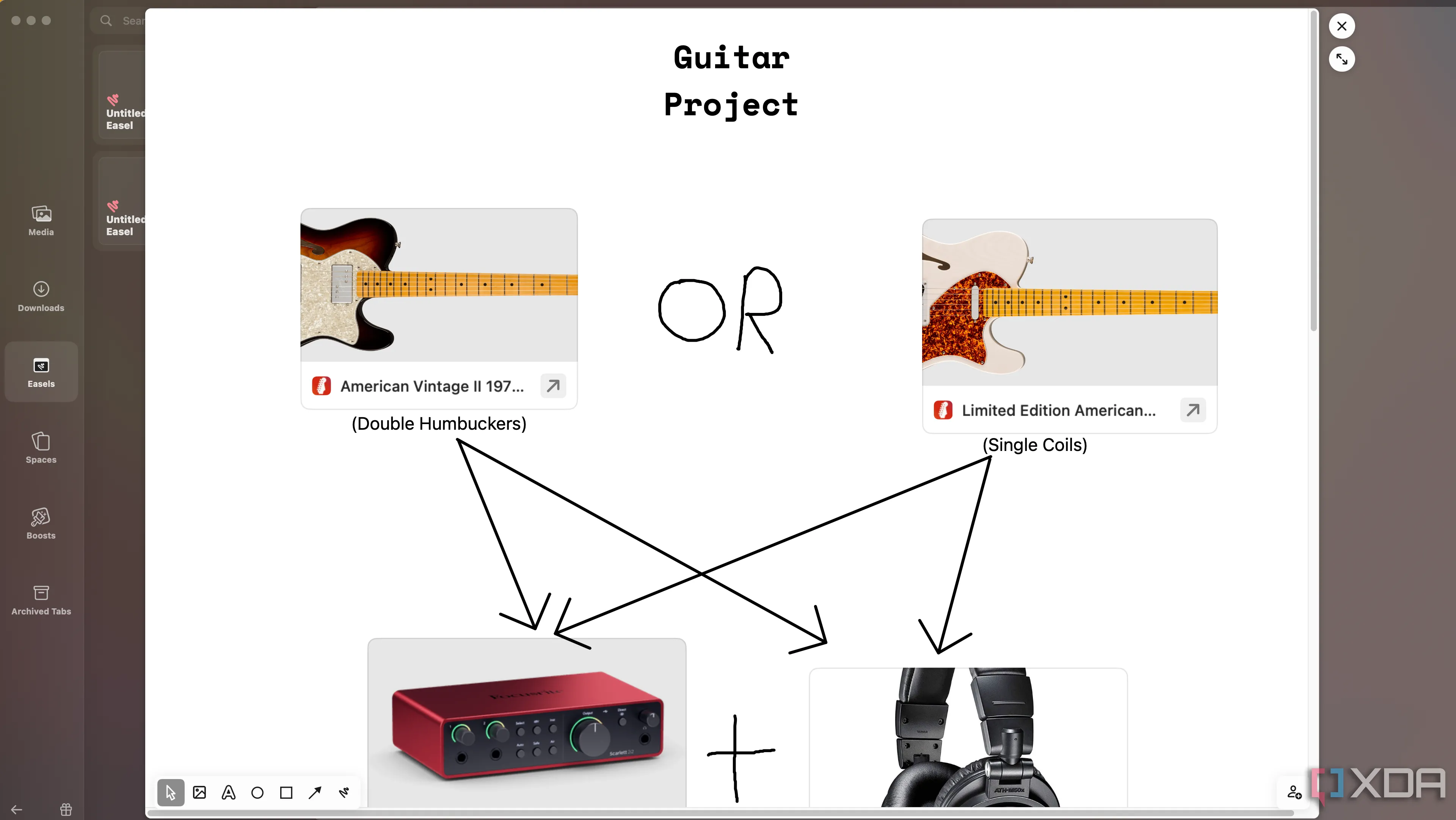Easel mở trong Arc hiển thị bảng ý tưởng về guitar