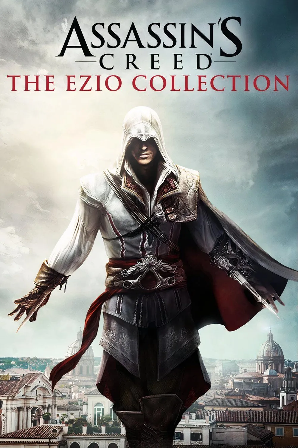 Ezio Auditore da Firenze nhìn về phía trước với khuôn mặt quyết tâm, mặc trang phục Sát thủ truyền thống