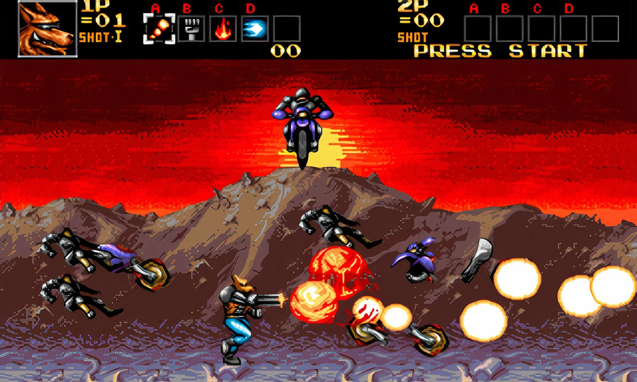 Gameplay của Contra: Hard Corps trên Sega Genesis, hiển thị cảnh hành động chạy và bắn mãnh liệt với các nhân vật đặc nhiệm và kẻ thù trong một môi trường hỗn loạn.