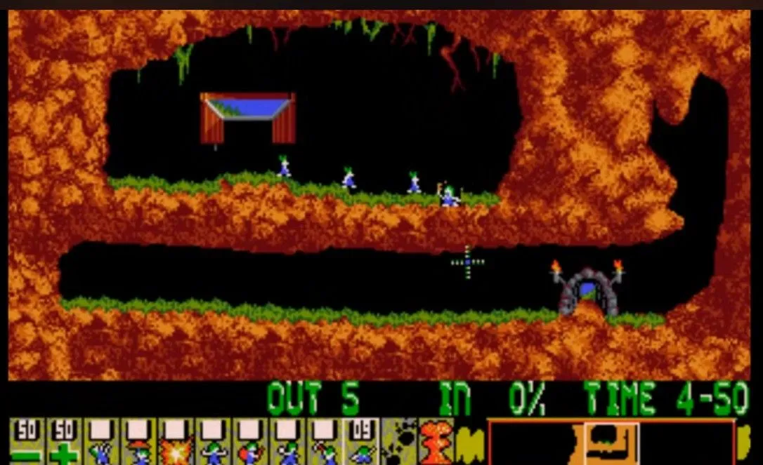 Gameplay của Lemmings, người chơi điều khiển các Lemming đi đến cửa thoát hiểm